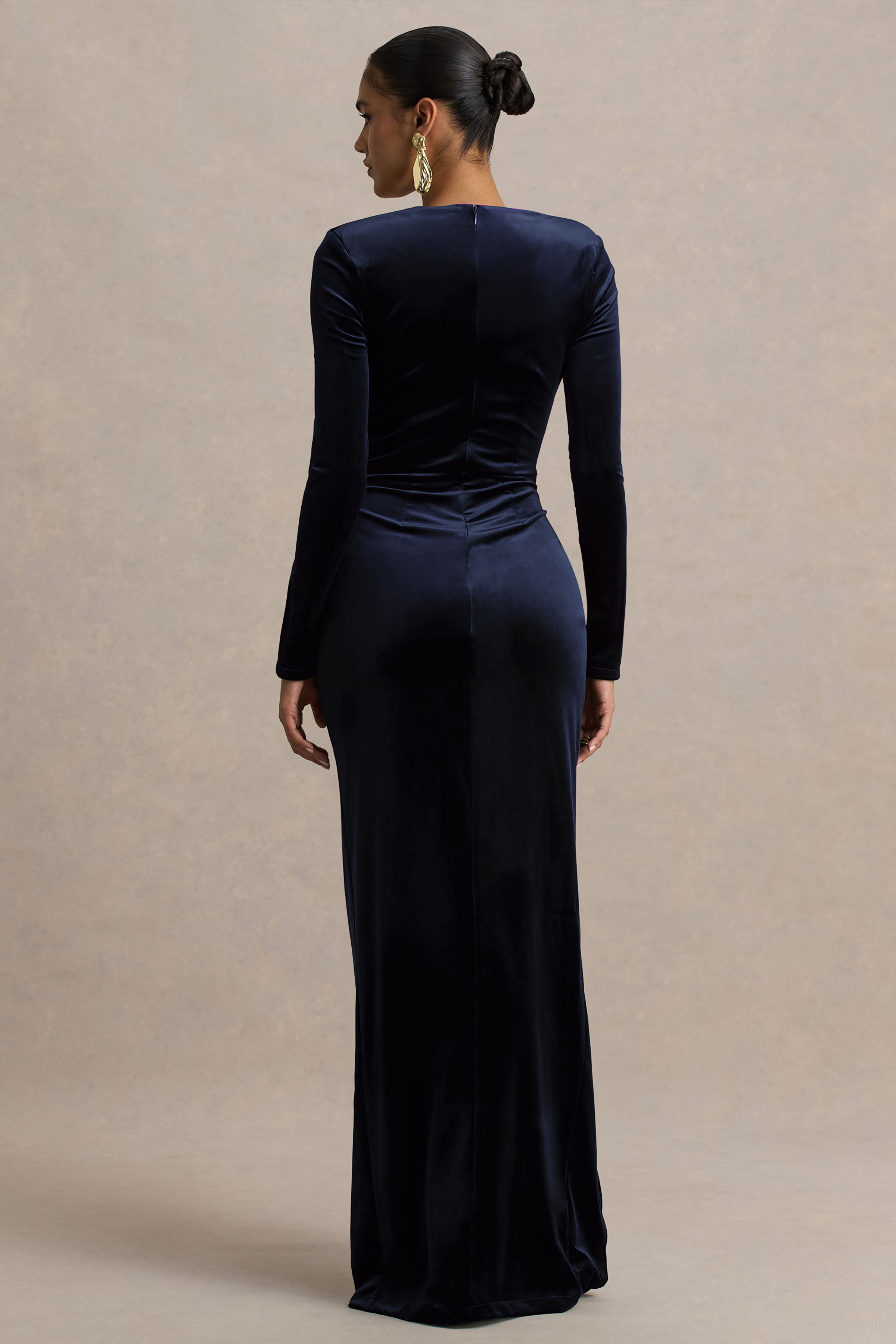 Fay | Navy Velvet Corset Style Knot Maxi Dress-Sowoom