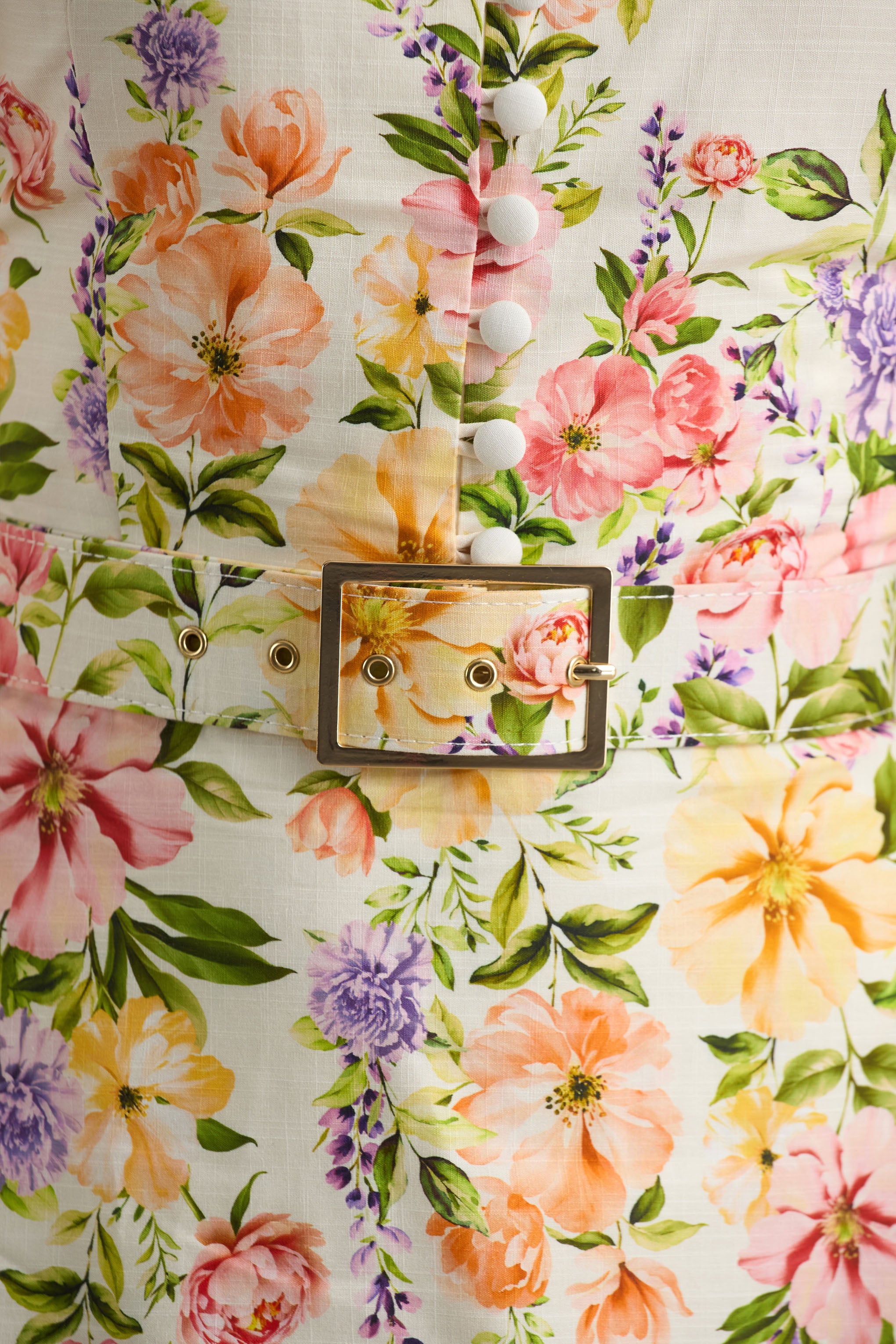 Dahlia | White Floral Border Print High-Neck Midi Dress-Sowoom