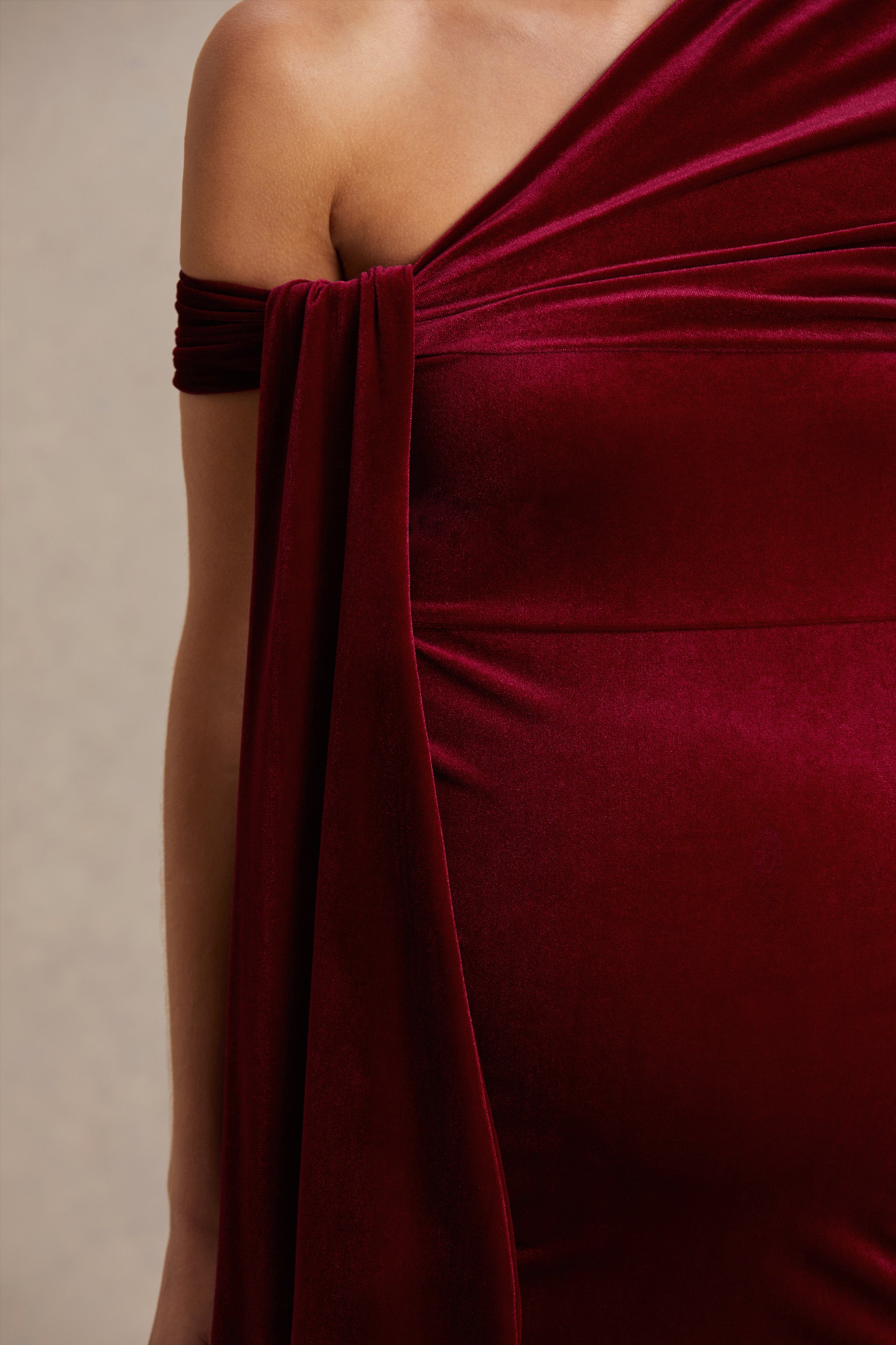 Zena | Burgundy Velvet Asymmetric-Neck Maternity Midi Dress With Knot And Sash Detail-Sowoom