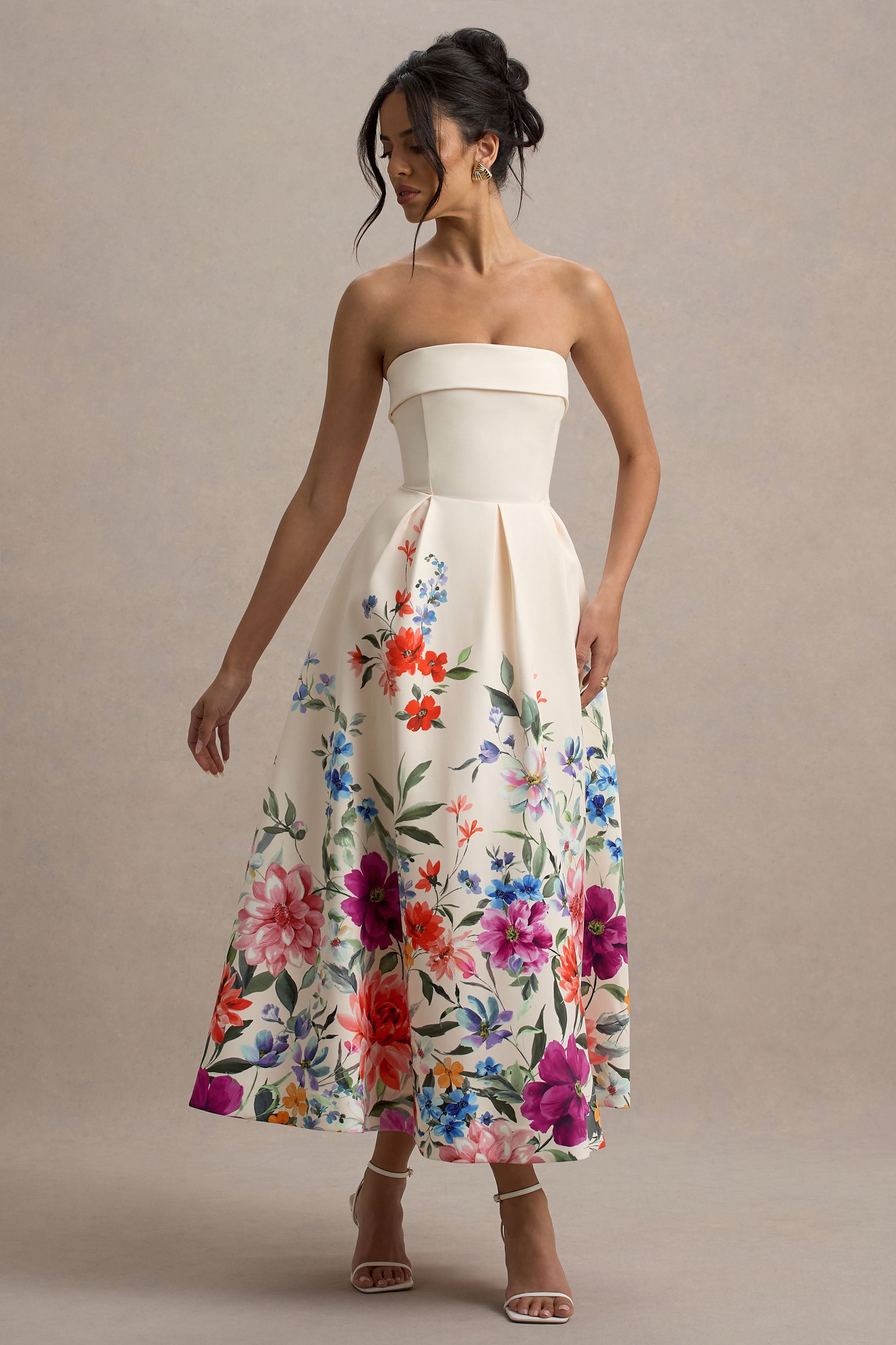 Annalise | Light Pink Floral Print Bandeau Skater Midi Dress-Sowoom