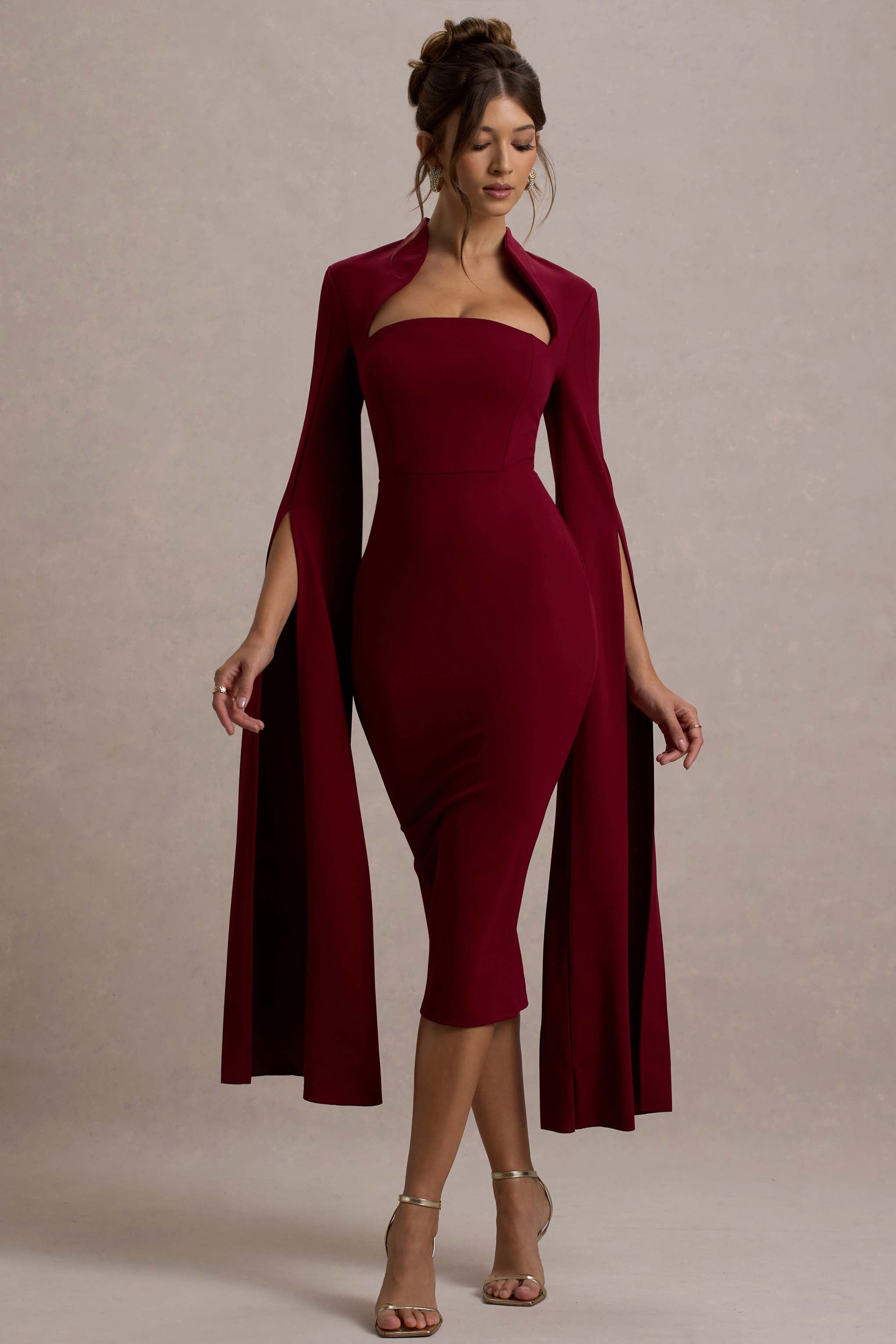 Linden | Berry Bodycon Cape-Sleeve Midi Dress-Sowoom