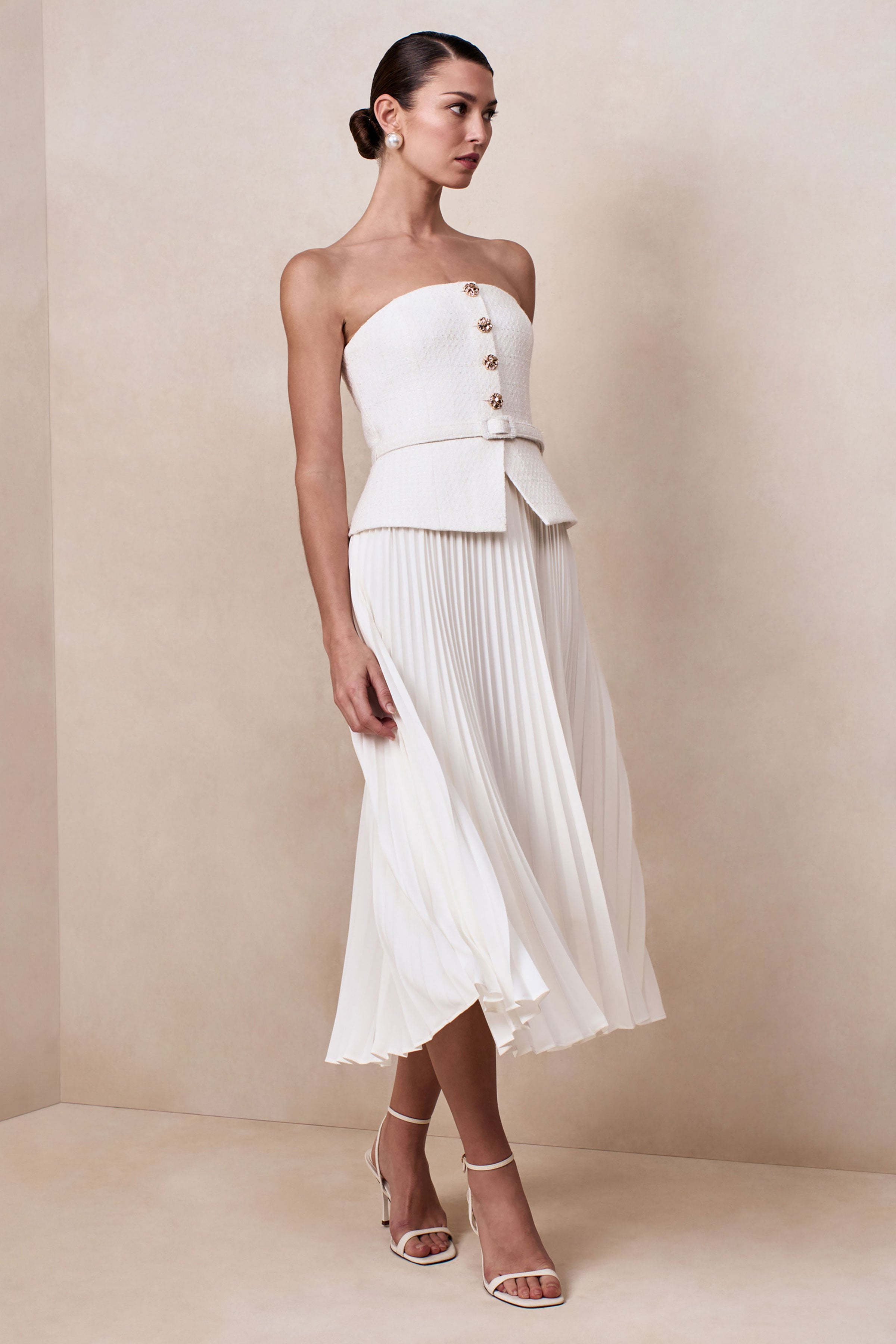 Lizzy | Cream Square-Neck Midi Dress With Pleated-Skirt-Sowoom
