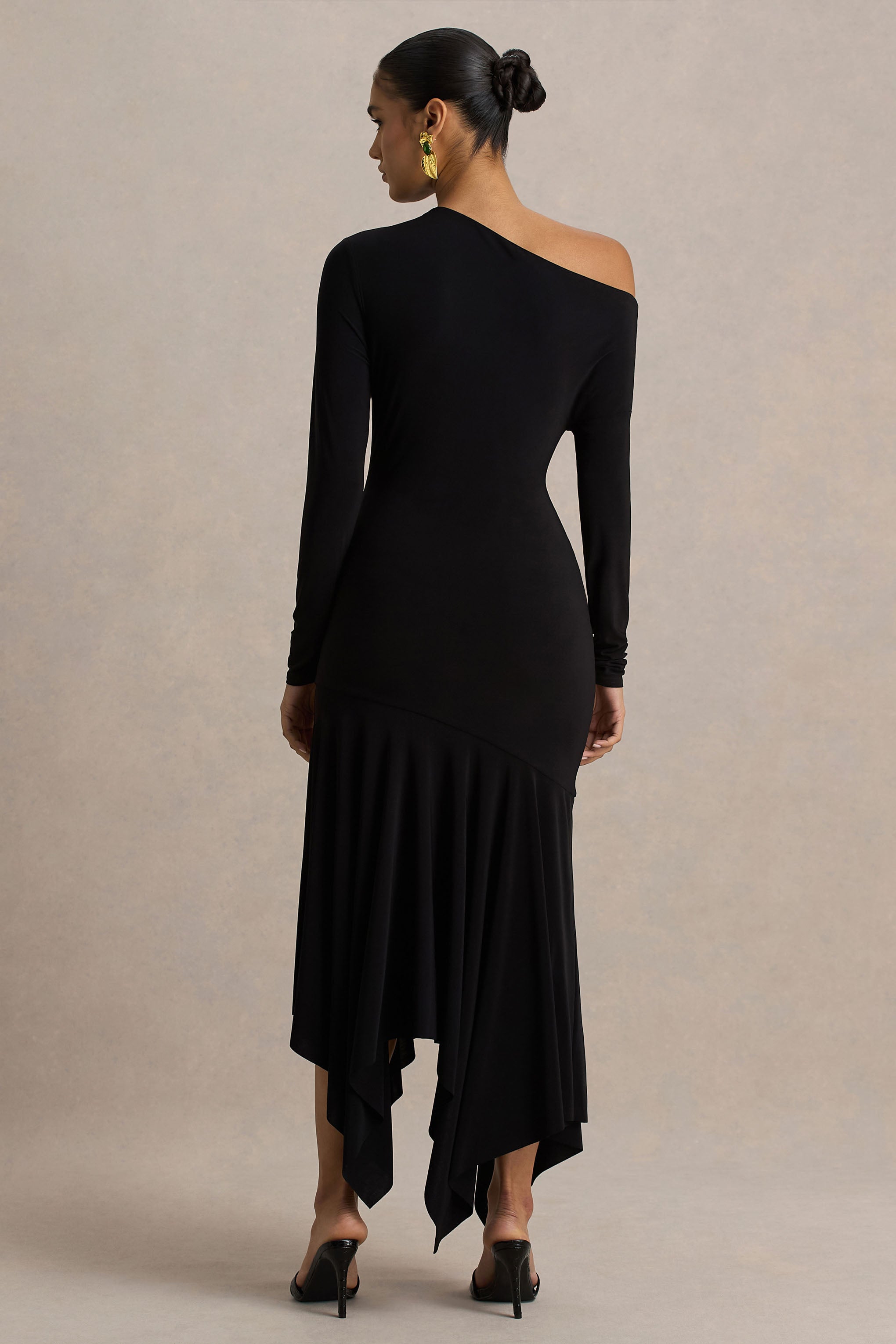 Isola | Black Asymmetric-Neck Midi Dress With Hanky-Hem-Sowoom
