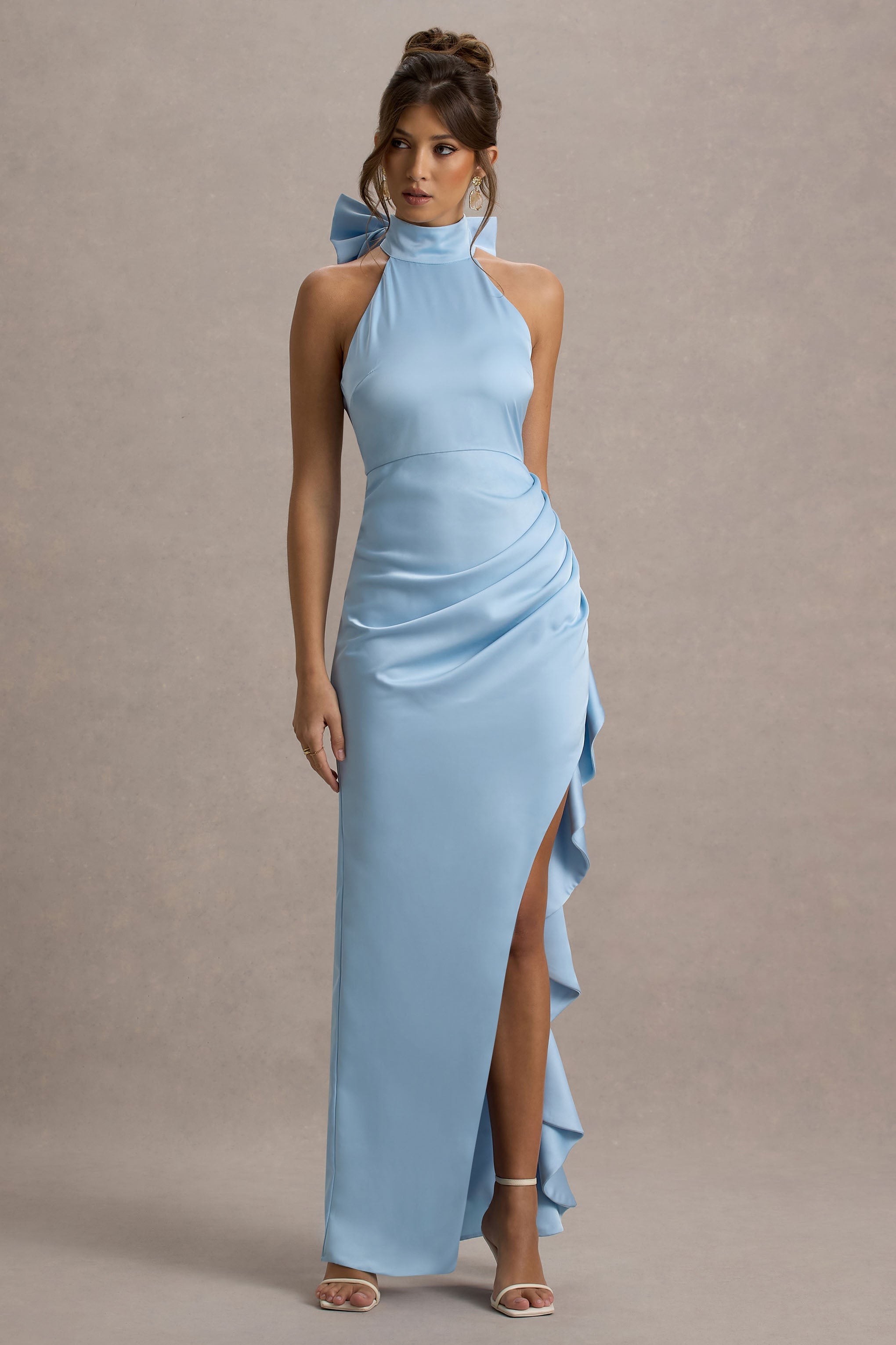 Maureen | Powder Blue Satin High-Neck Draped Maxi Dress-Sowoom