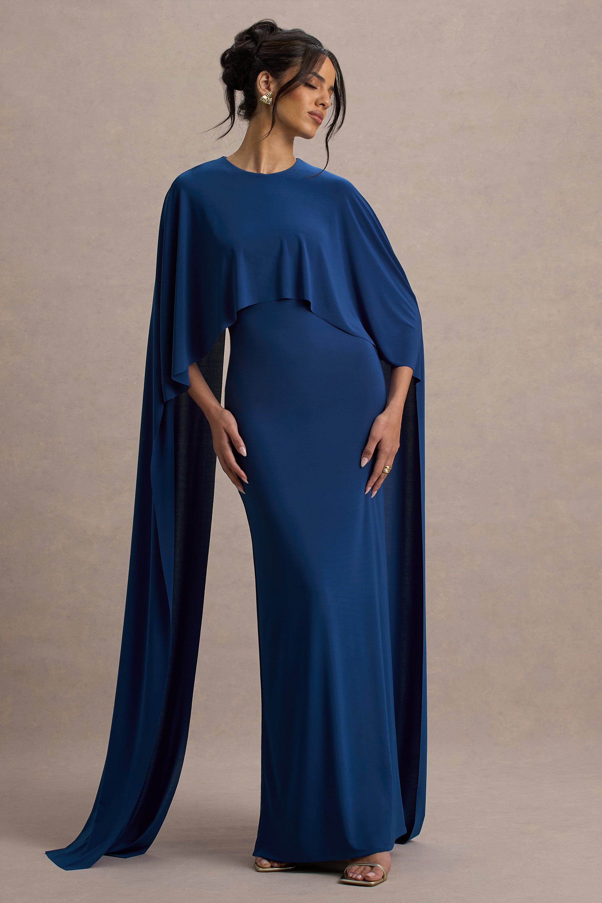 Padma | Blue Draped Maxi Dress With Cape Sleeves-Sowoom
