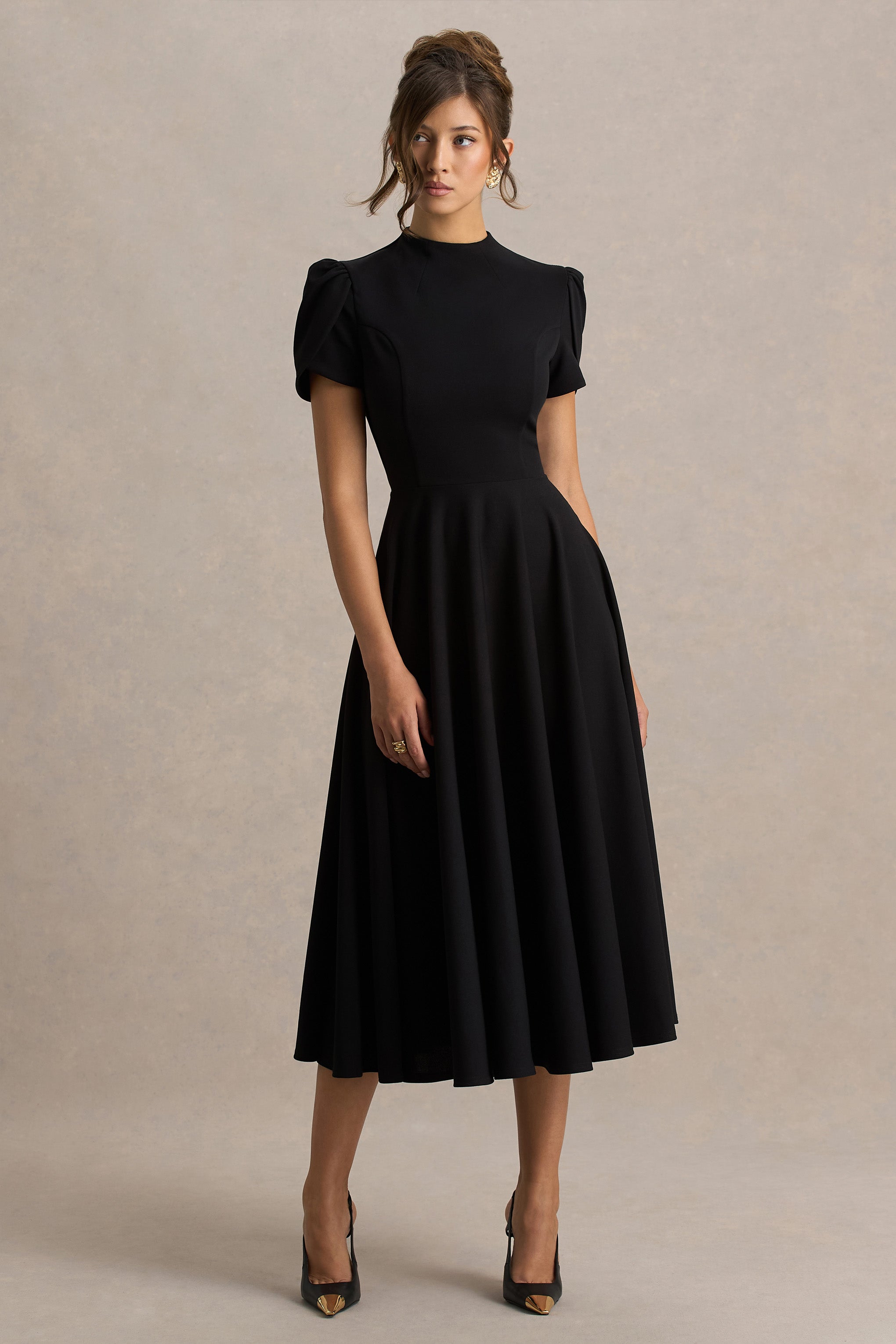 Vicky | Black High Neck Midi Dress With Puff Sleeves-Sowoom