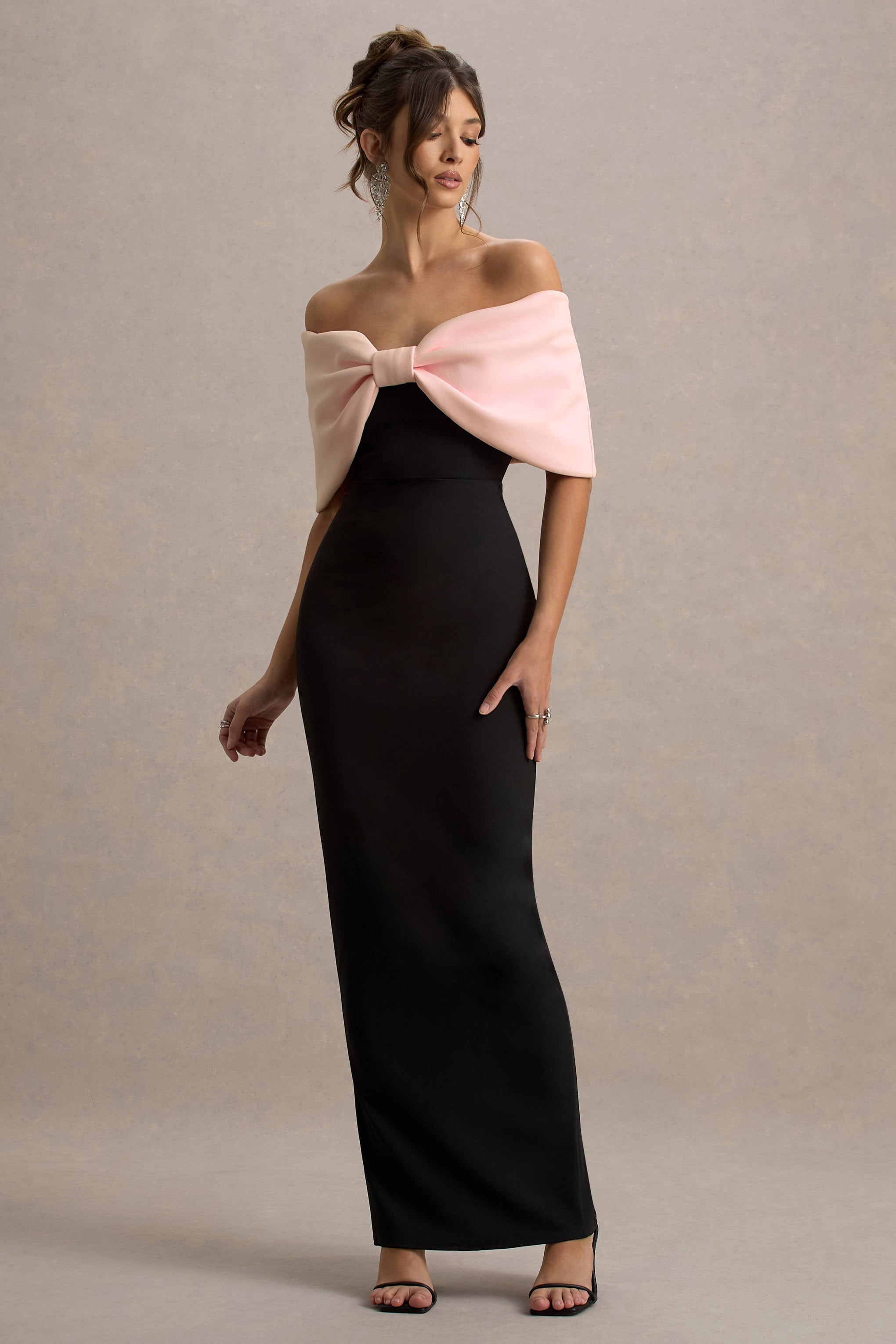 Cornelia | Pink & Black Strapless Maxi Dress With Oversized Bow-Sowoom