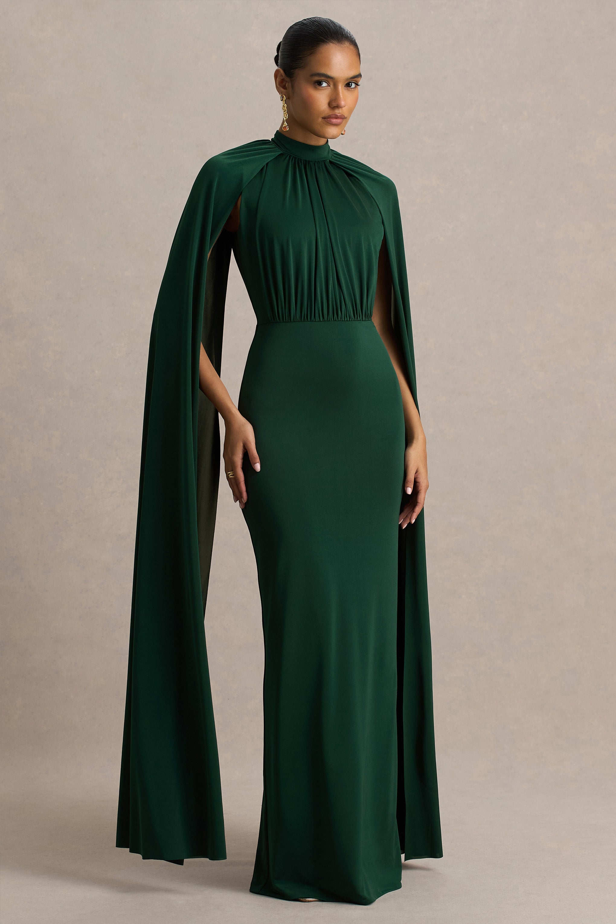 Darielle | Bottle Green High-Neck Cape-Sleeve Maxi Dress-Sowoom