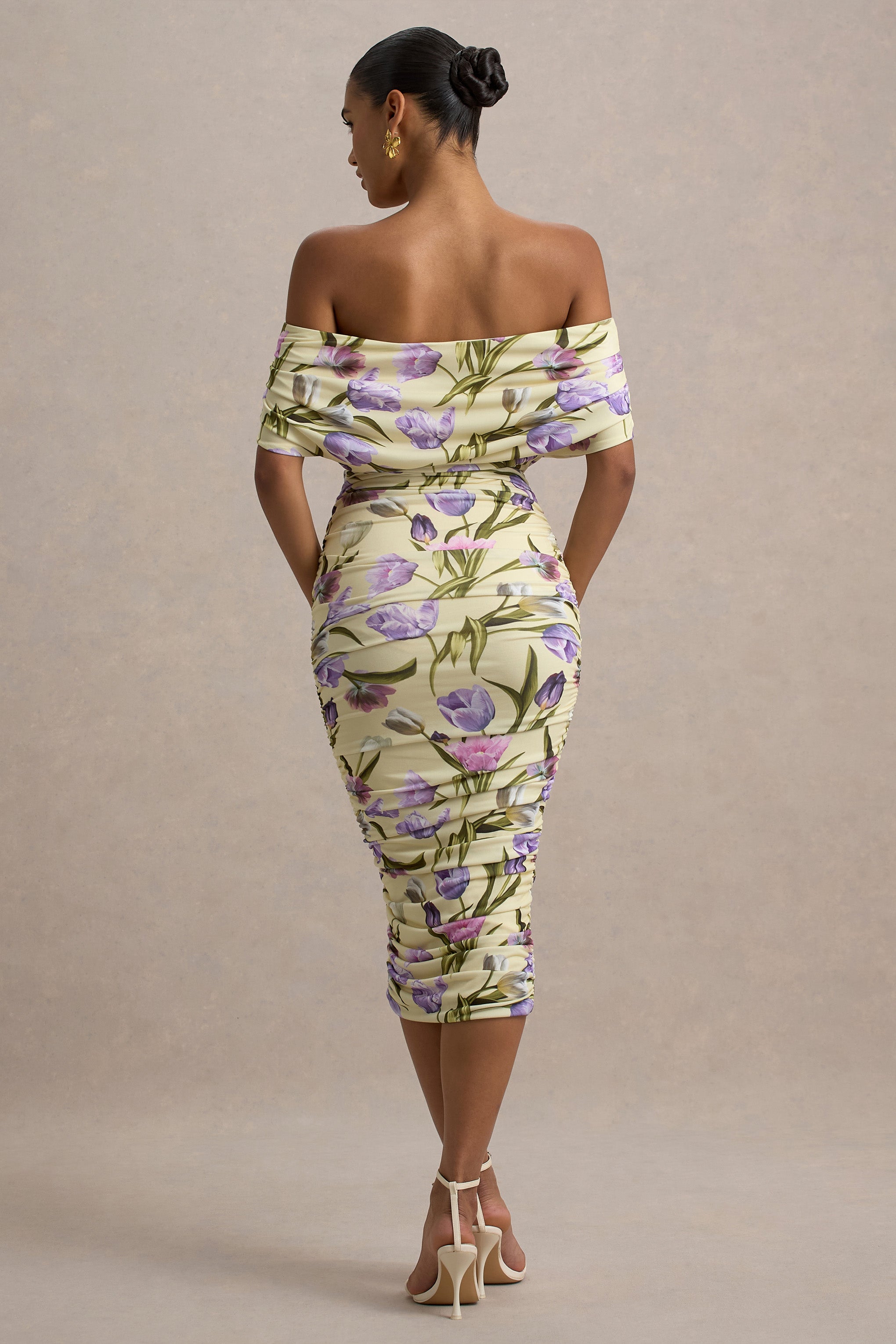 Rayleigh | Tulip Floral Print  Bardot Ruched Midi Dress-Sowoom
