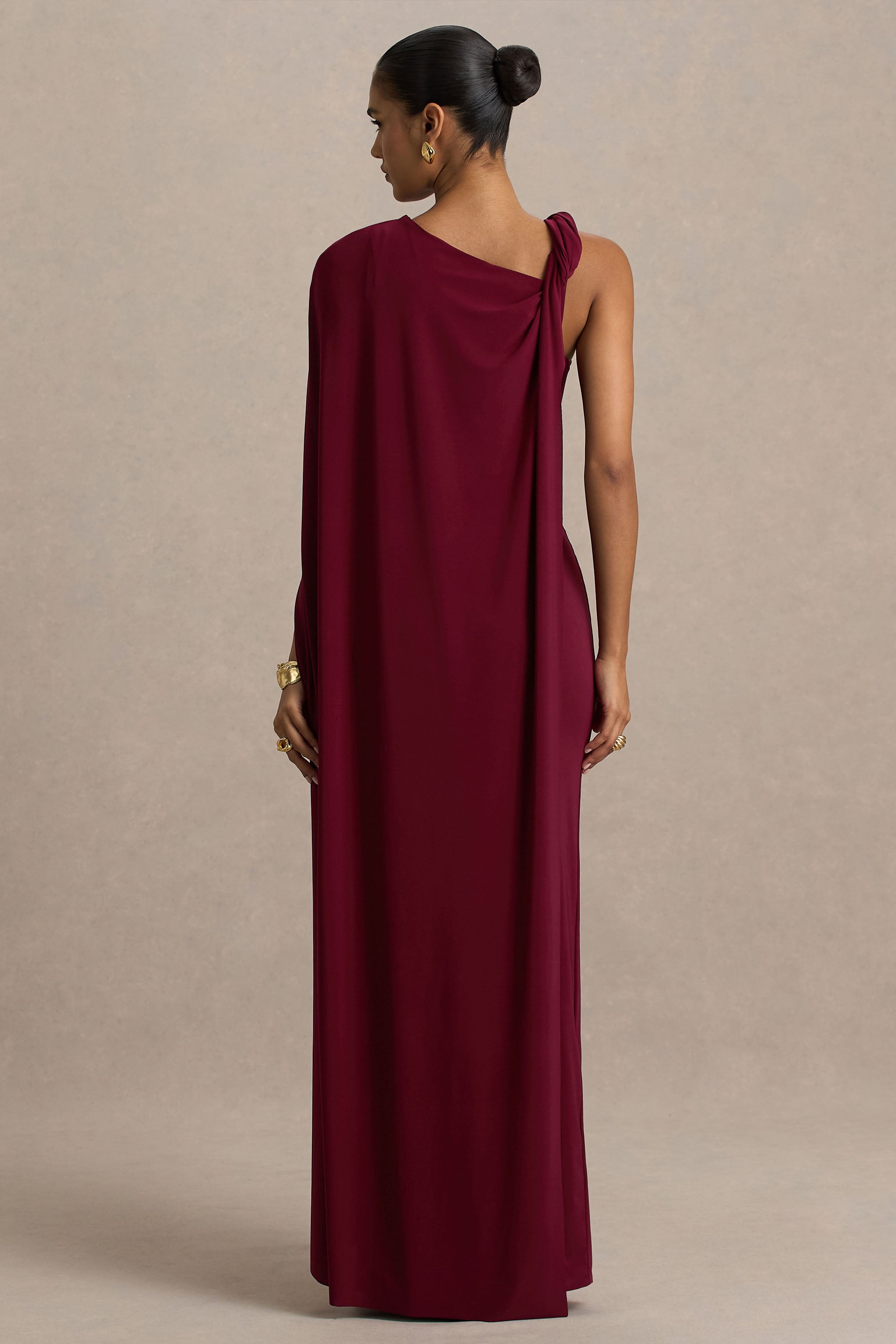 Cressida | Burgundy Asymmetric-Neck Maxi Dress With Cape And Gold Detail-Sowoom