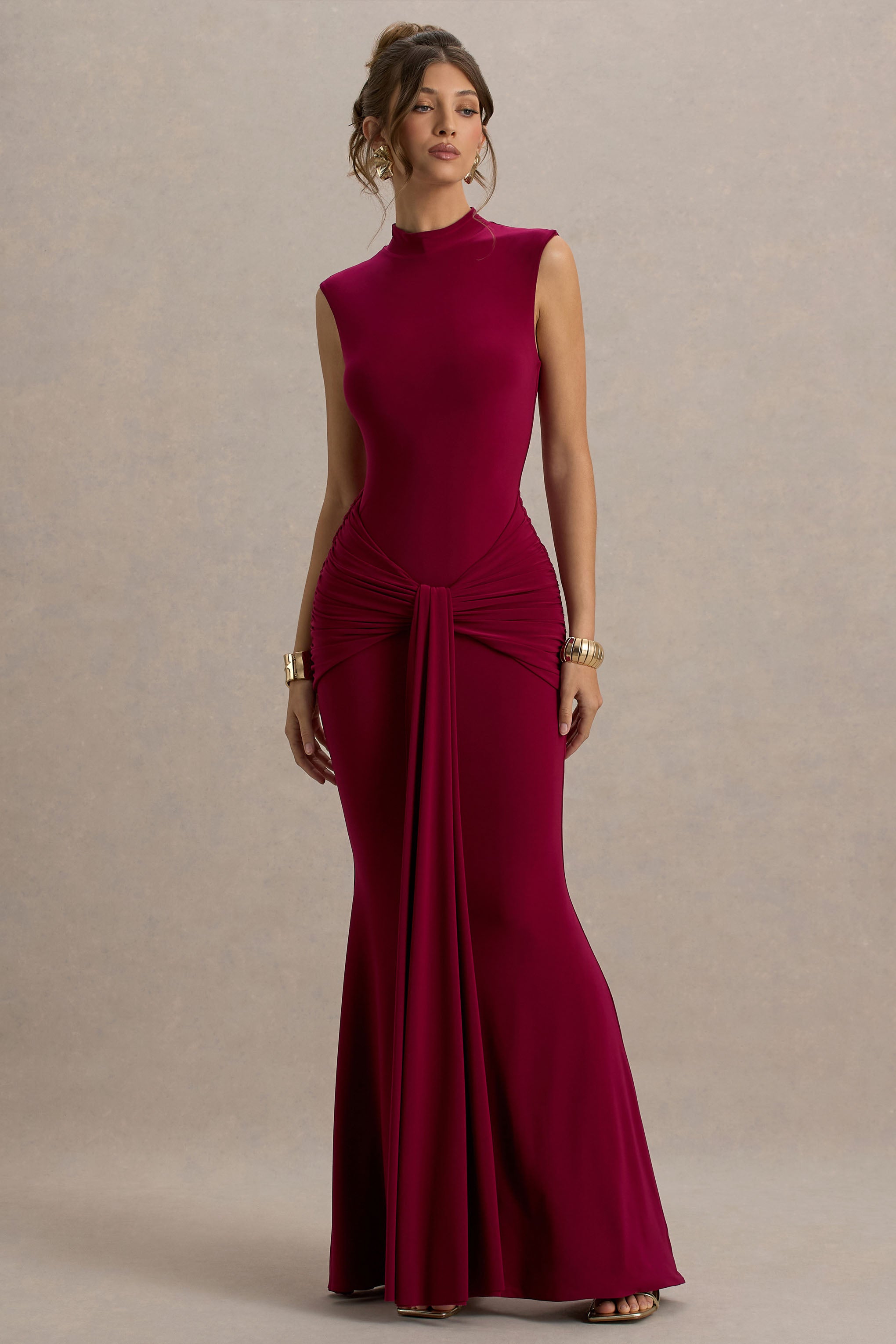 Graziana | Burgundy High-Neck Gathered Draped Maxi Dress-Sowoom