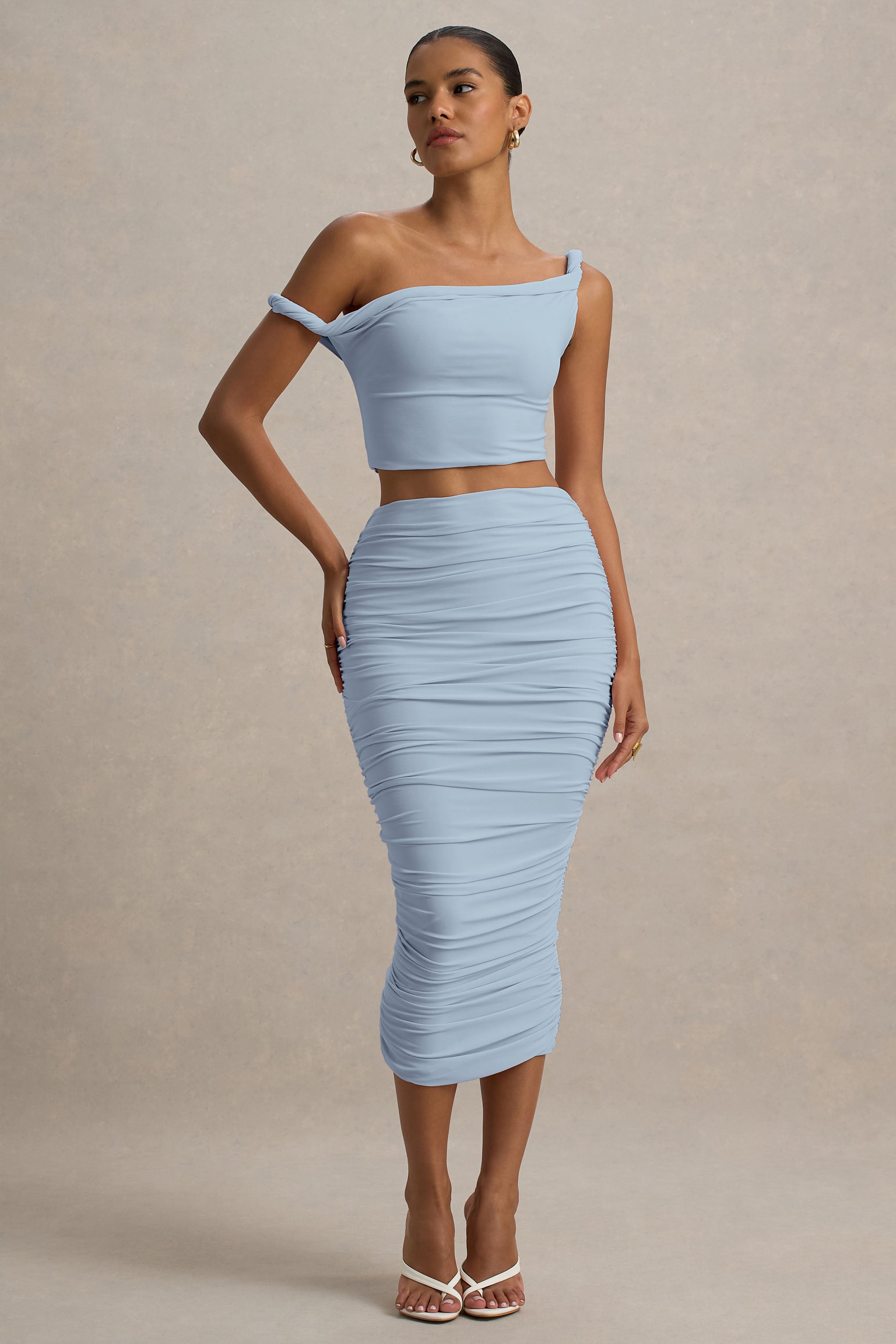 Lively | Powder Blue Ruched Midi Skirt-Sowoom