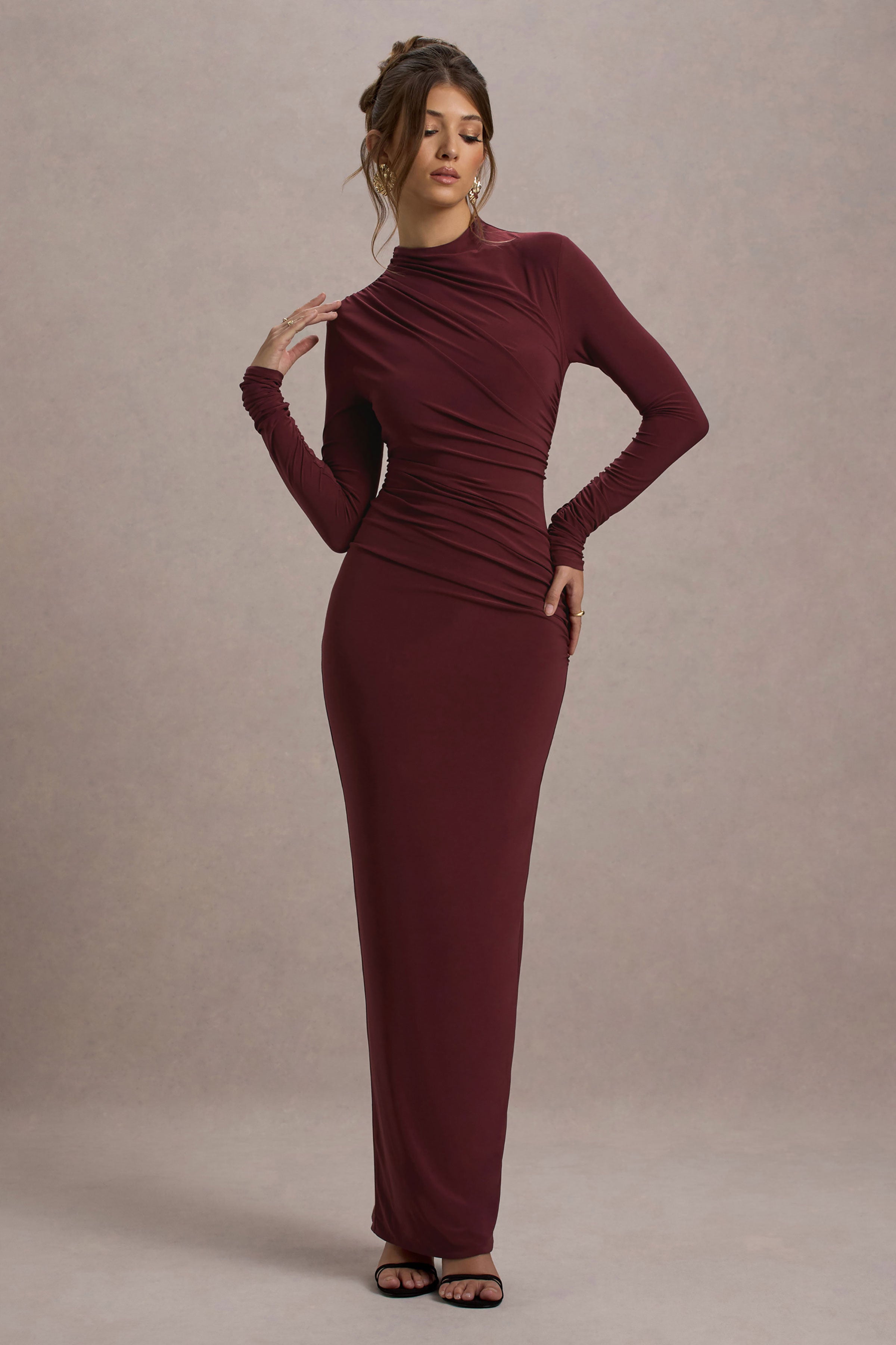 Hespera | Port High-Neck Long-Sleeve Gathered Maxi Dress-Sowoom