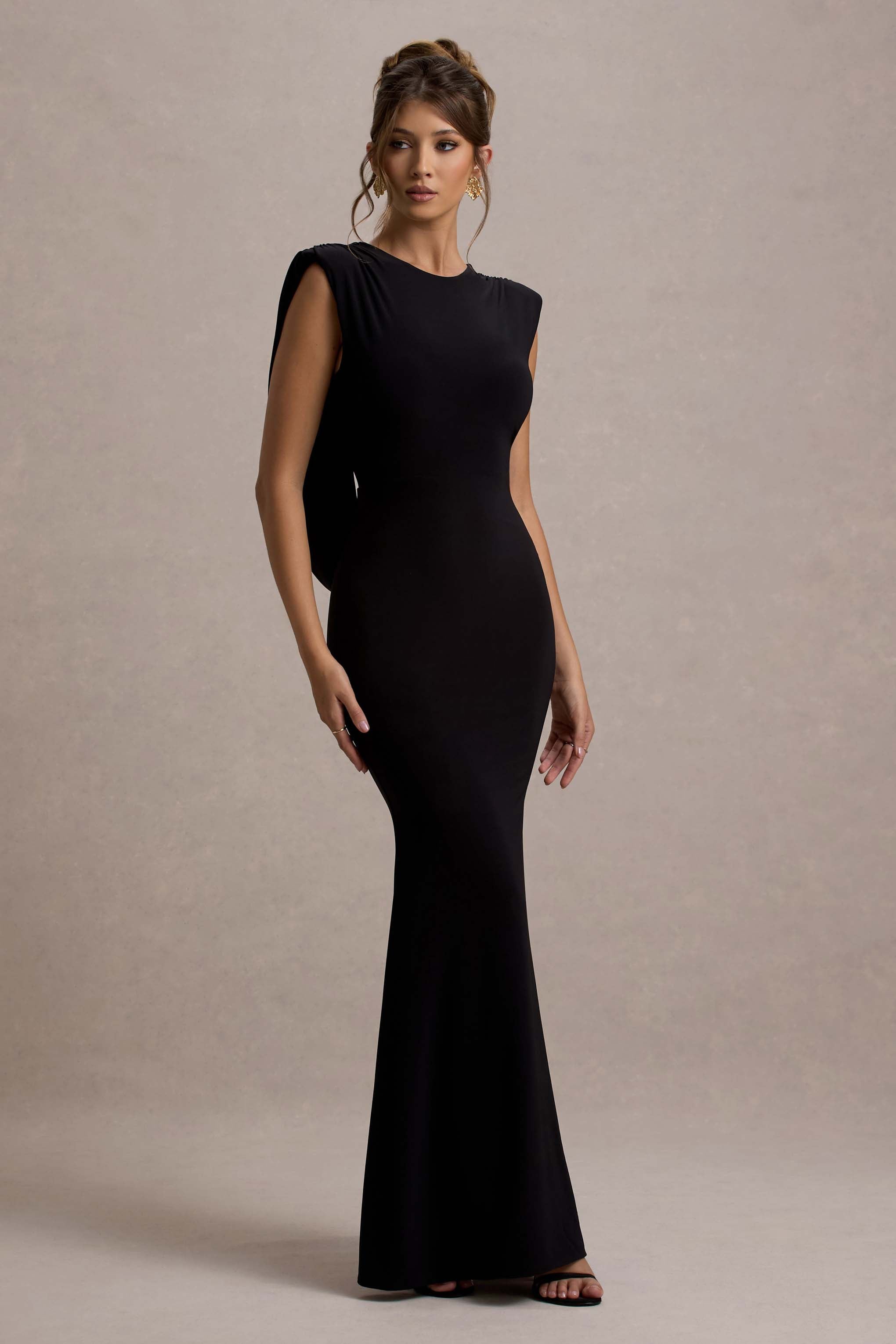 To The Moon | Black Cowl-Back Maxi Dress-Sowoom