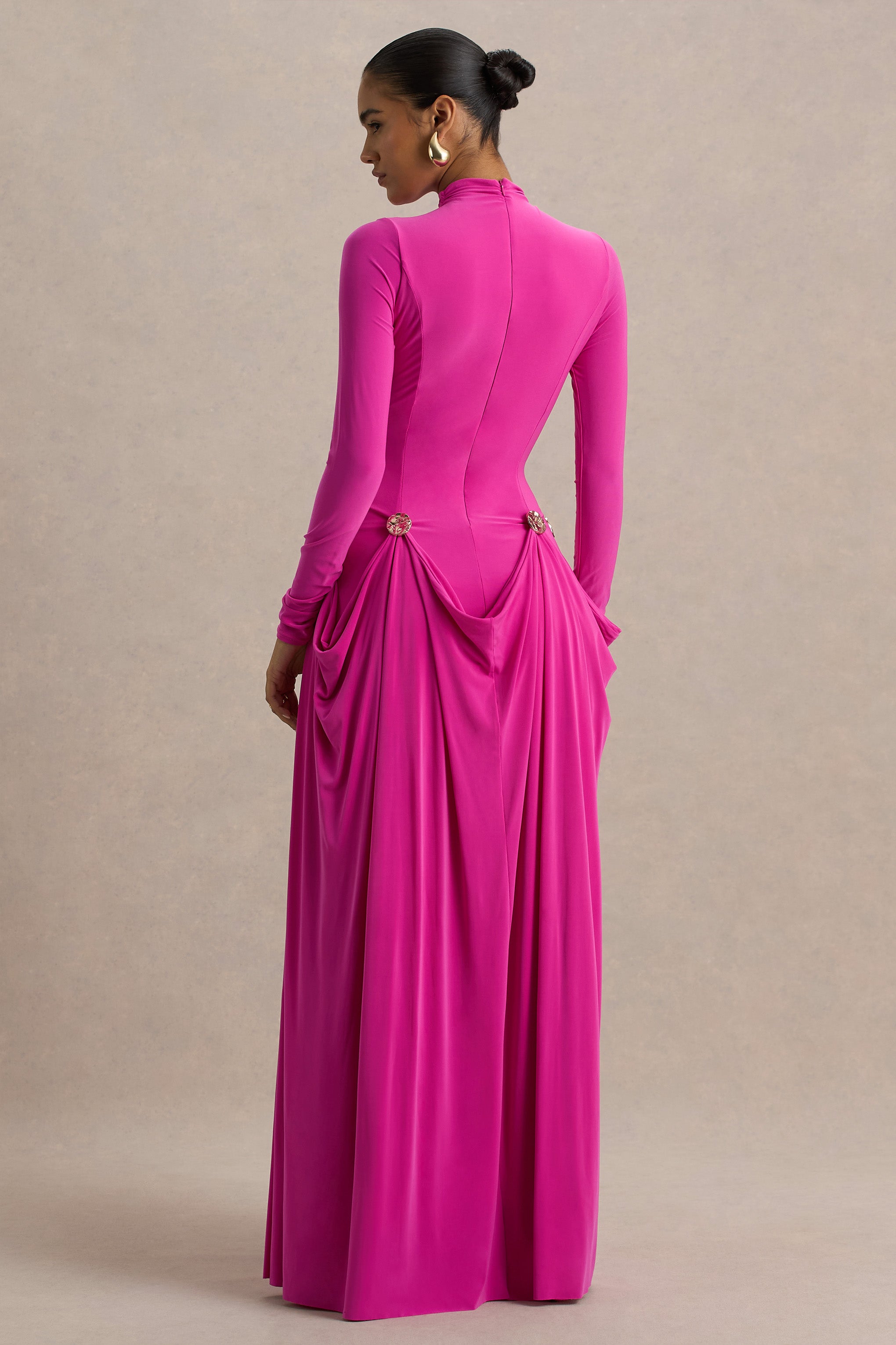 Caprice | Hot Pink High-Neck Maxi Dress With Embellished Details-Sowoom