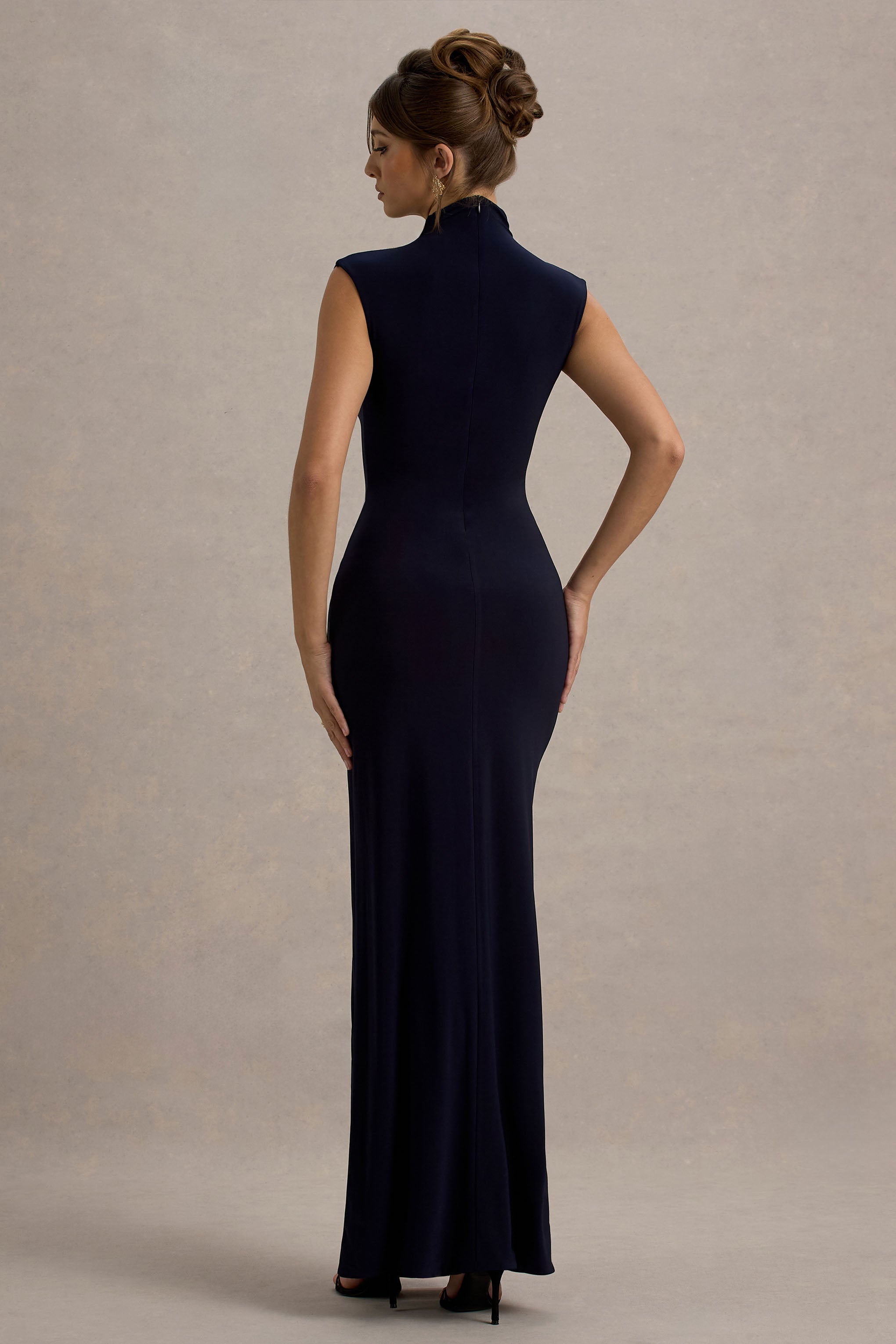 Lanetta | Navy Ruched High-Neck Maxi Dress With Split-Sowoom