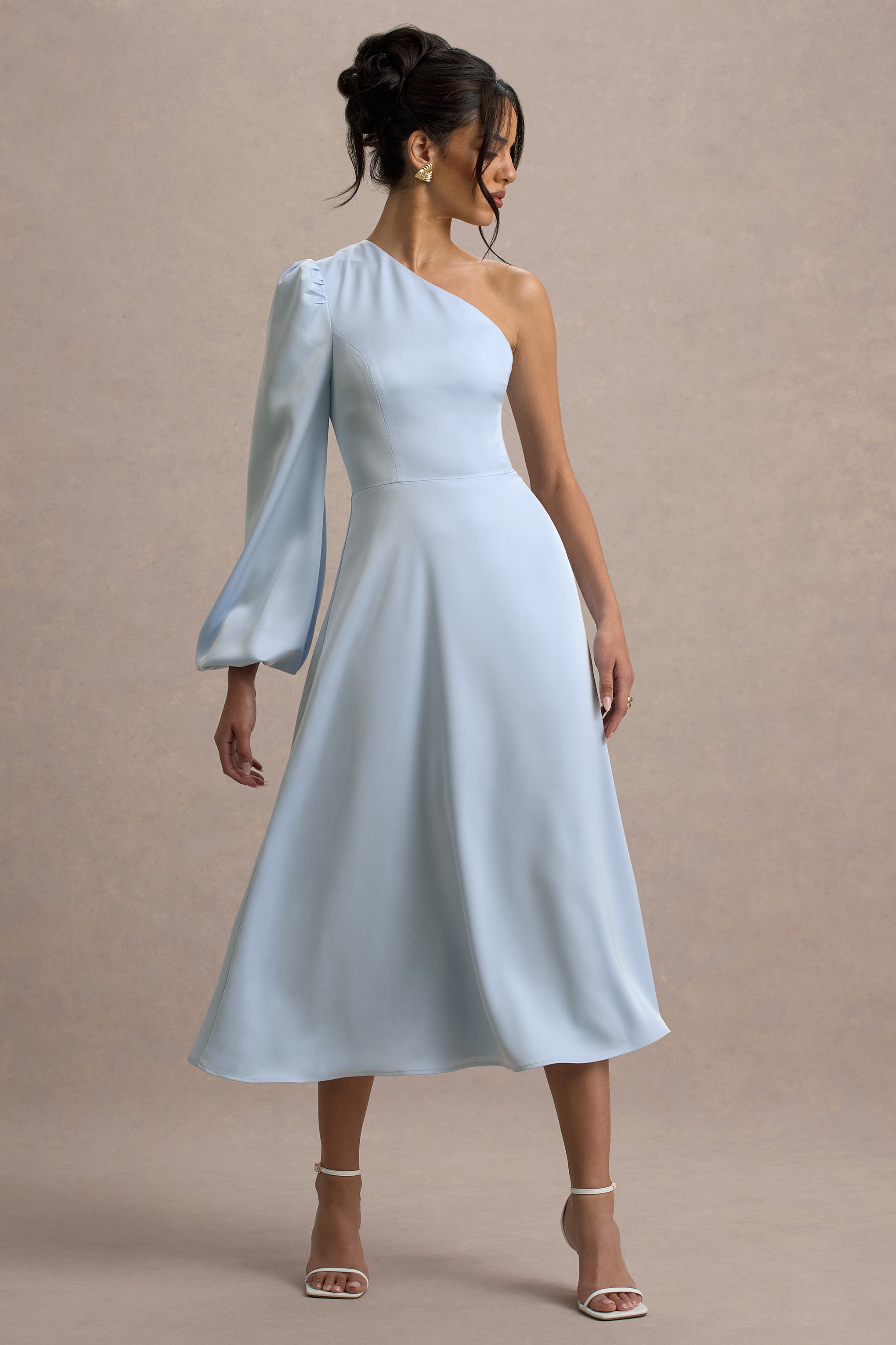 Haila | Powder Blue Satin One-Shoulder Midi Dress-Sowoom