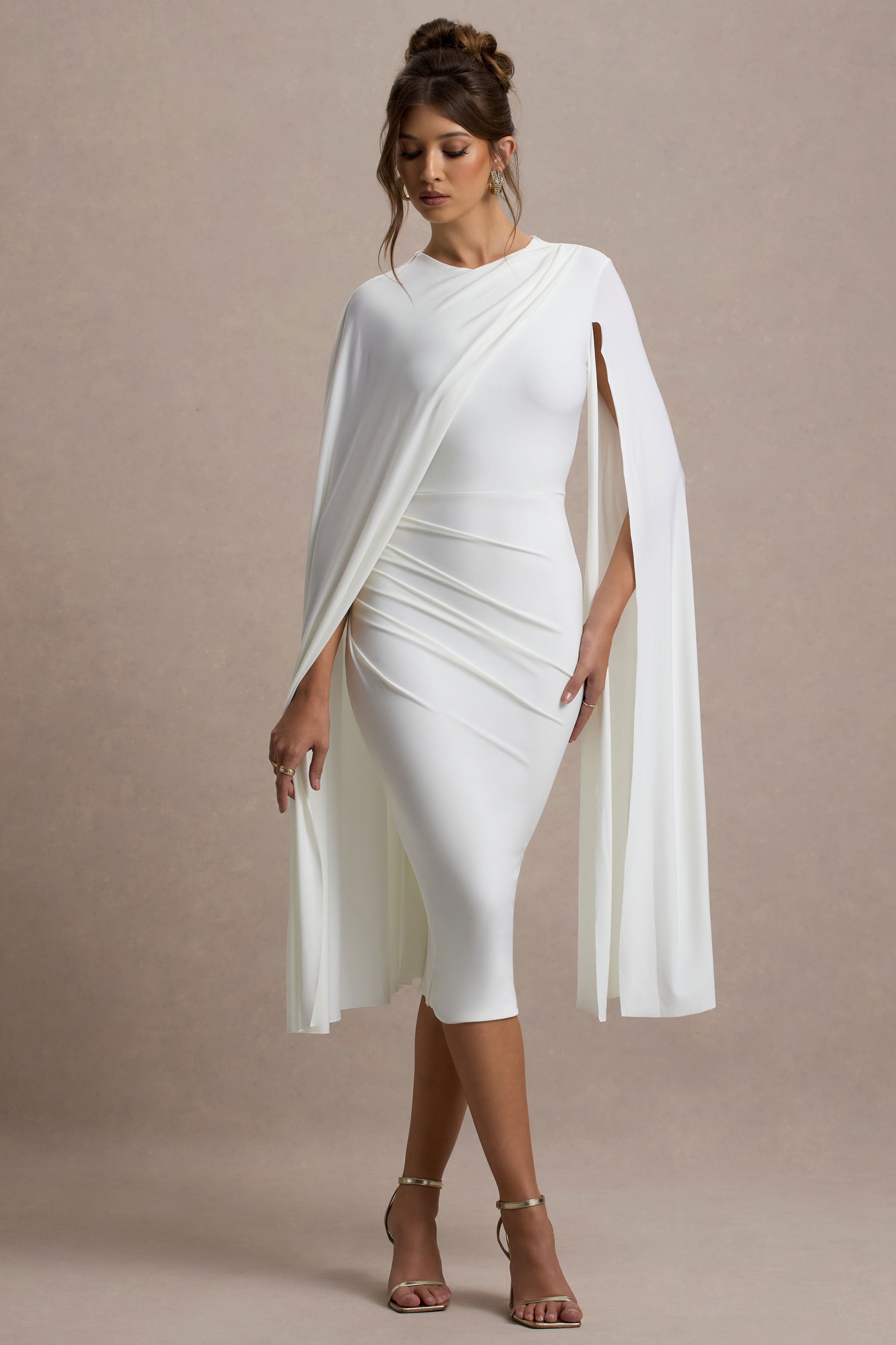 Marysol | White Asymmetric Cape Midi Dress-Sowoom