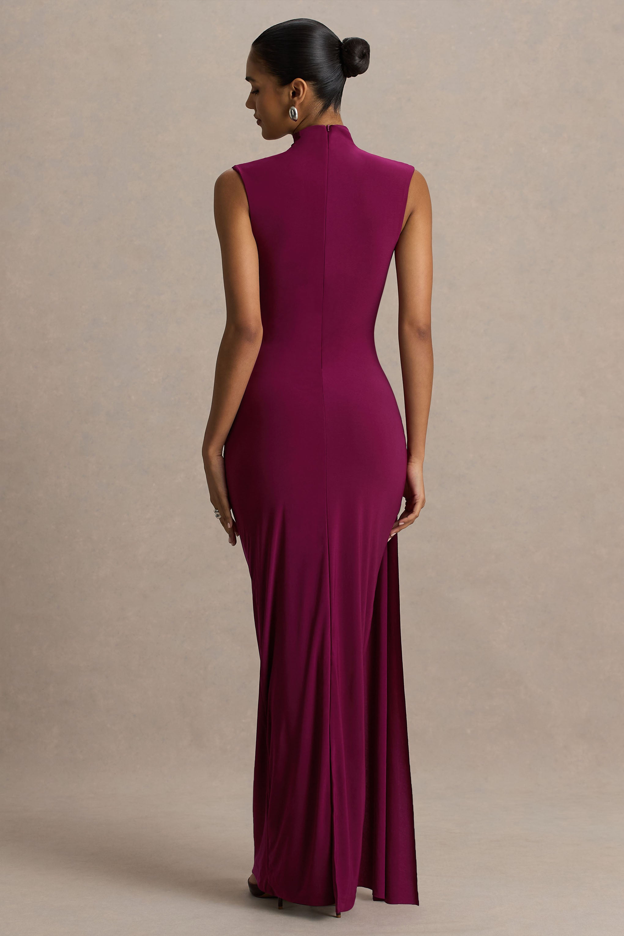 Solene | Burgundy High-Neck Maxi Dress With Wrap And Drape Detail-Sowoom