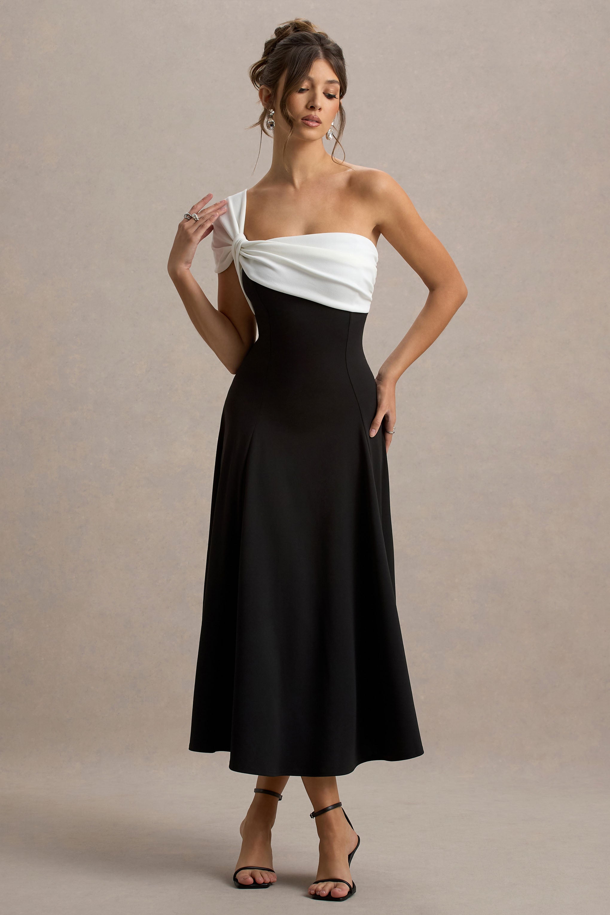 Malta | Black & White One-Shoulder Midi Dress-Sowoom
