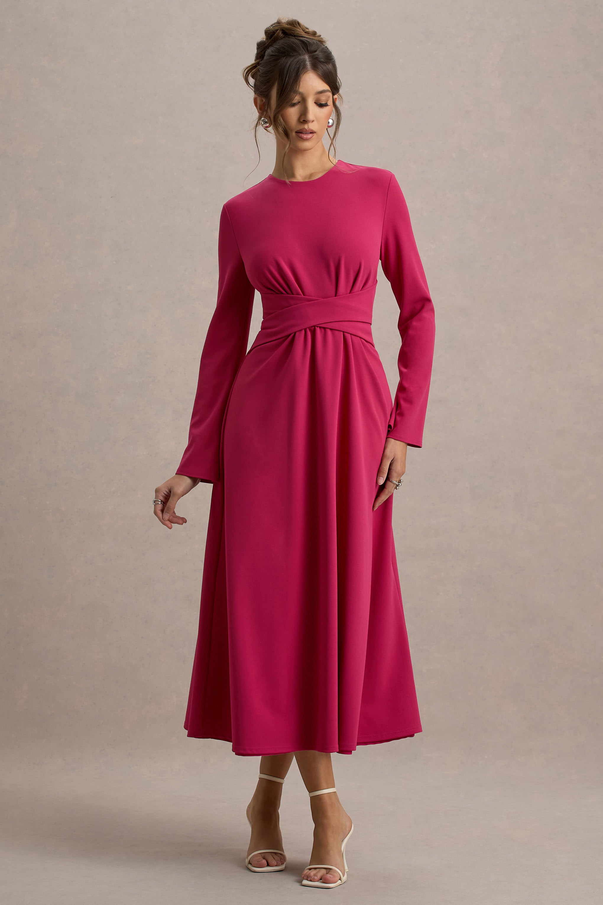 Cassiopeia | Lemon Long-Sleeve Midi Dress With Cross Waist-Sowoom