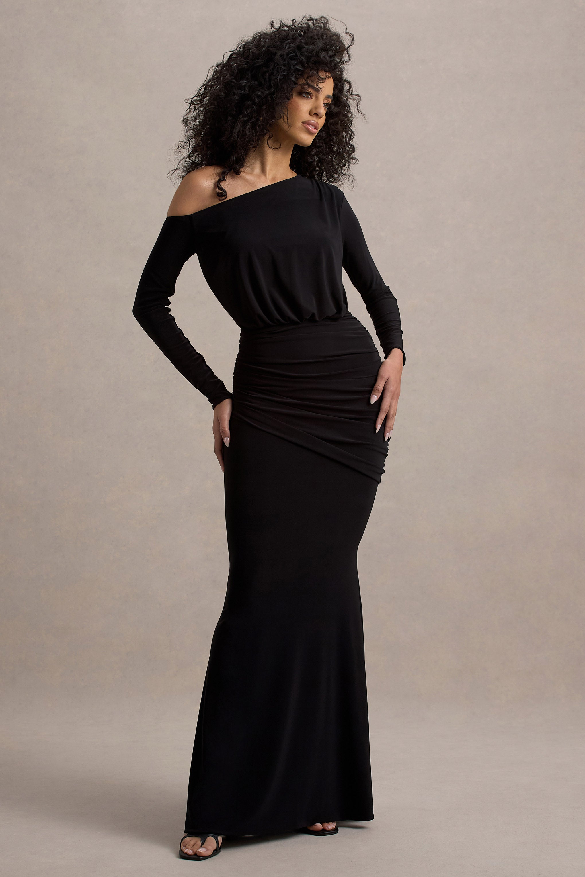 Deanna | Black Asymmetric Long-Sleeve Ruched Maxi Dress-Sowoom