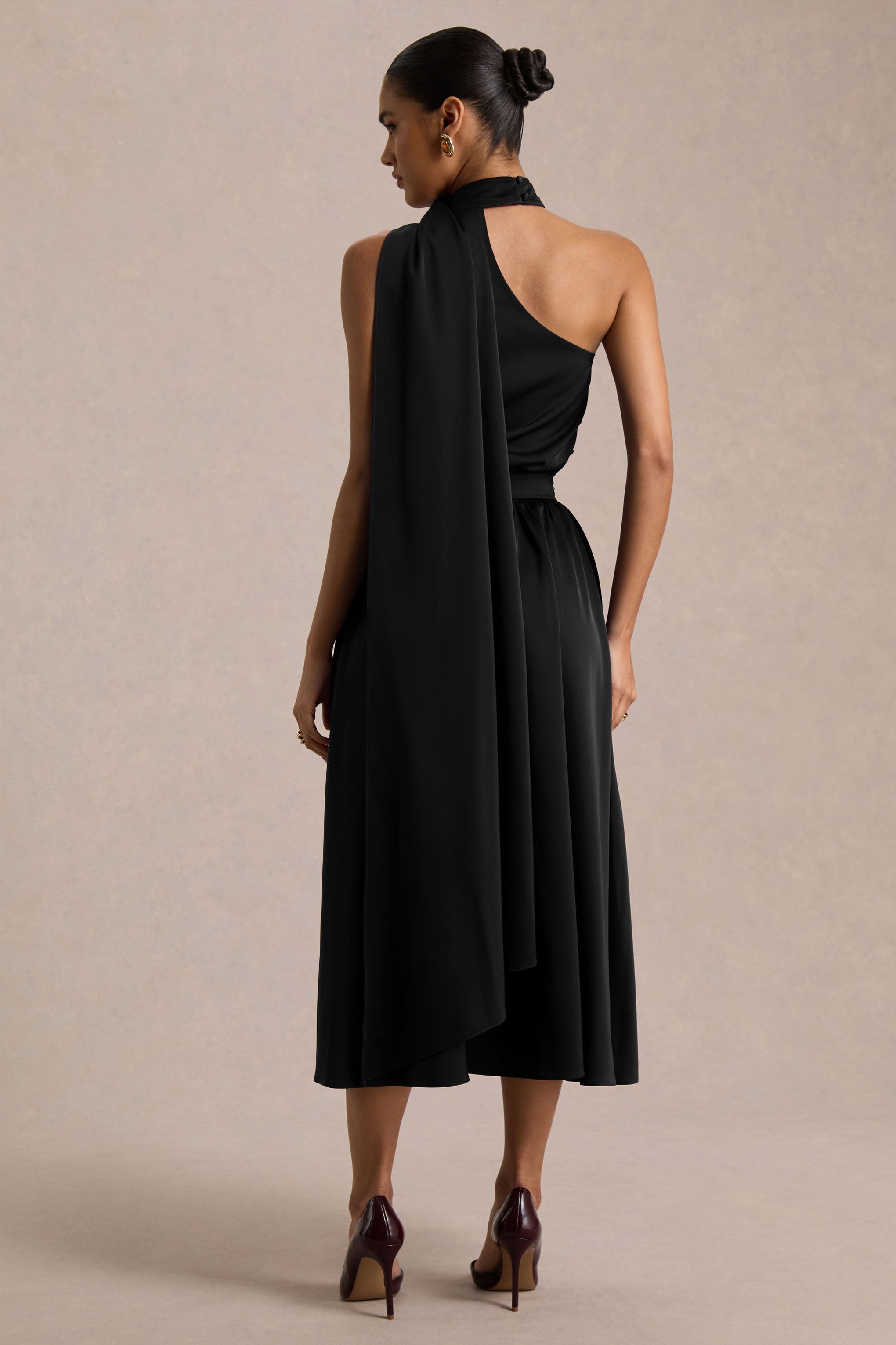 Caluna | Black Satin Asymmetric-Neck Midi Dress With Scarf-Detail-Sowoom