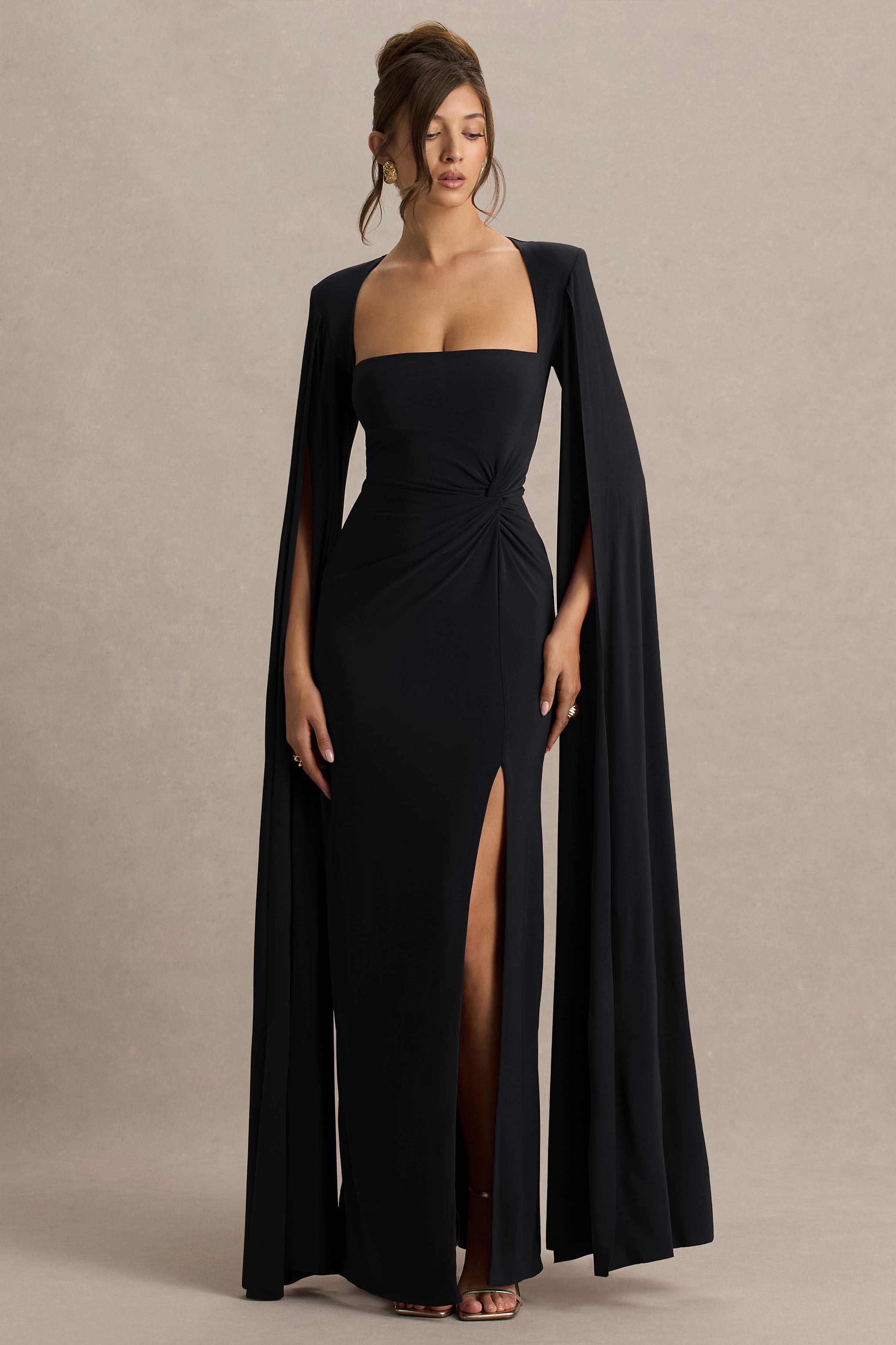 Claretta | Black Square Neck Twisted Maxi Dress With Cape Sleeves-Sowoom