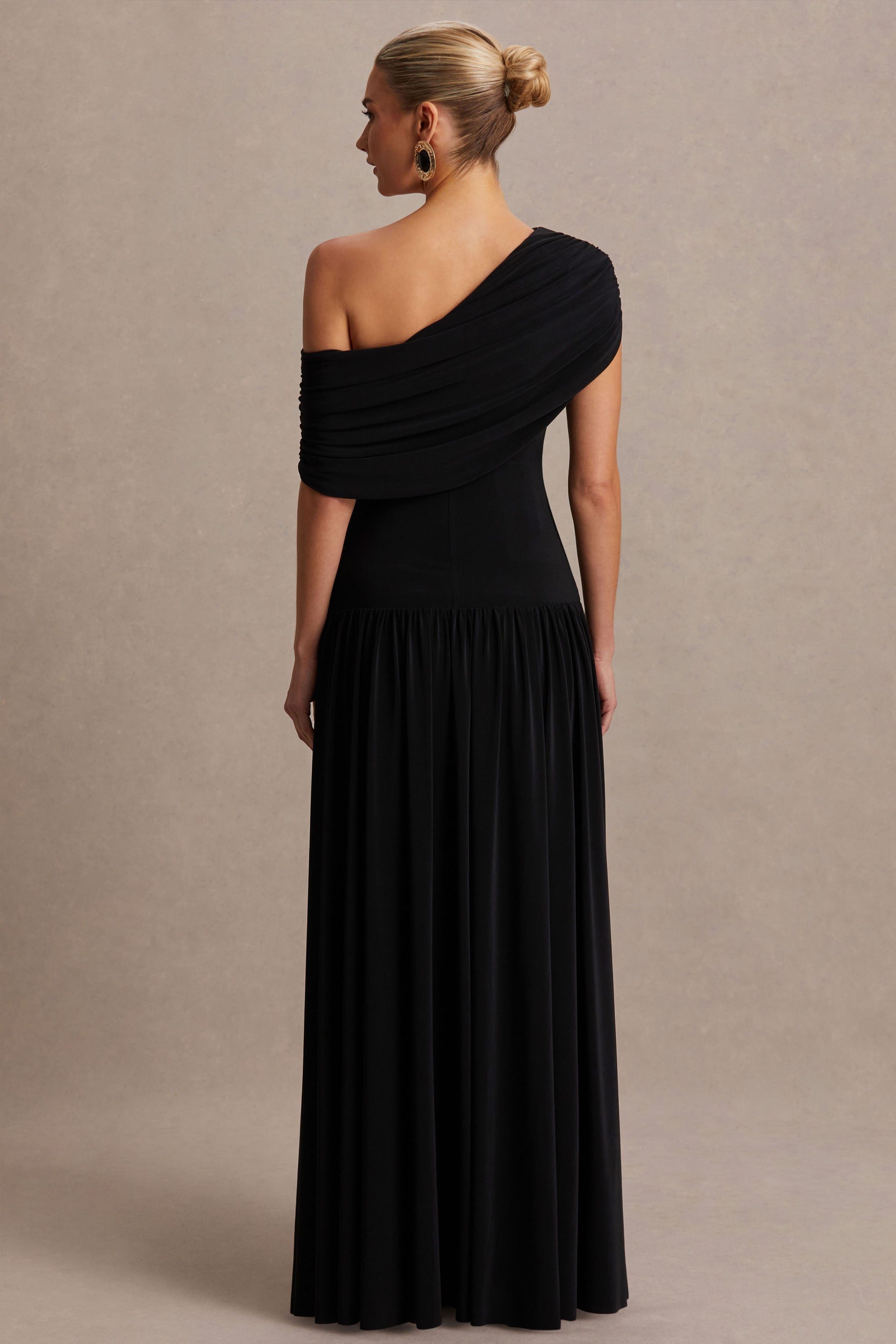 Noah | Black Asymmetric-Neck Maternity Maxi Dress With Drop-Waist-Sowoom