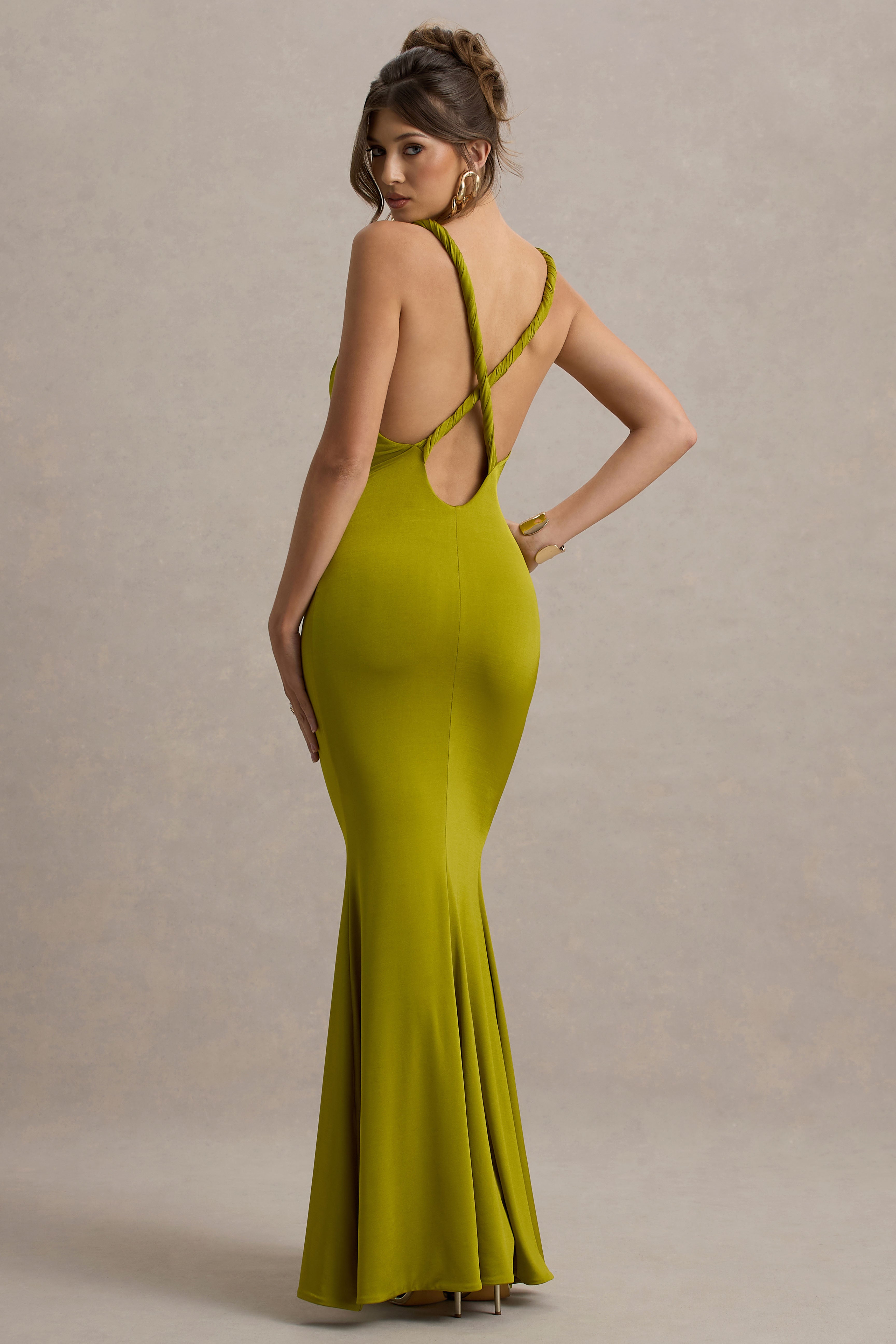 Santez | Green Twisted Plunge-Neck Maxi Dress-Sowoom