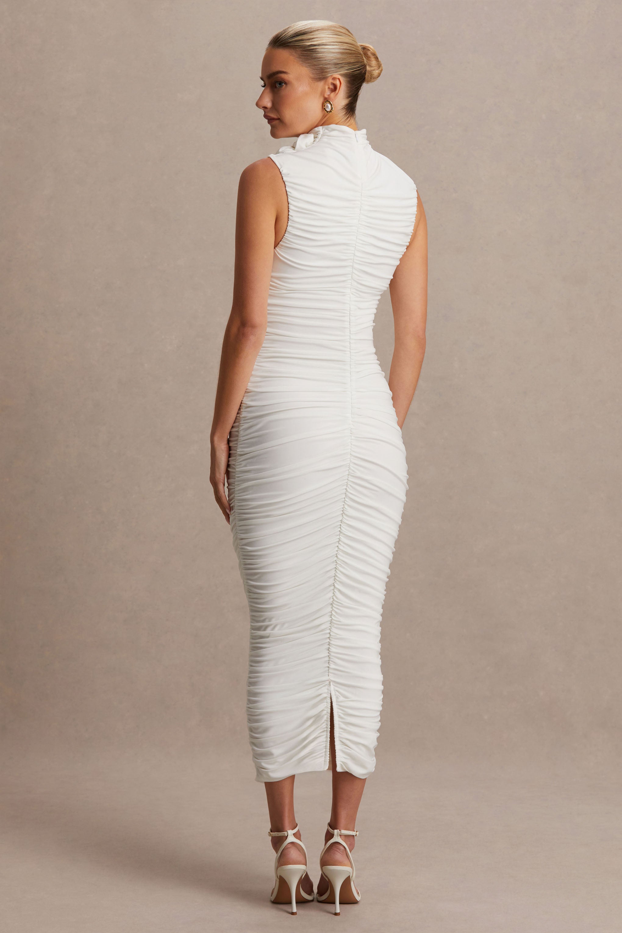 Shellie | White High-Neck Maternity Midi Dress With Corsage Detail-Sowoom