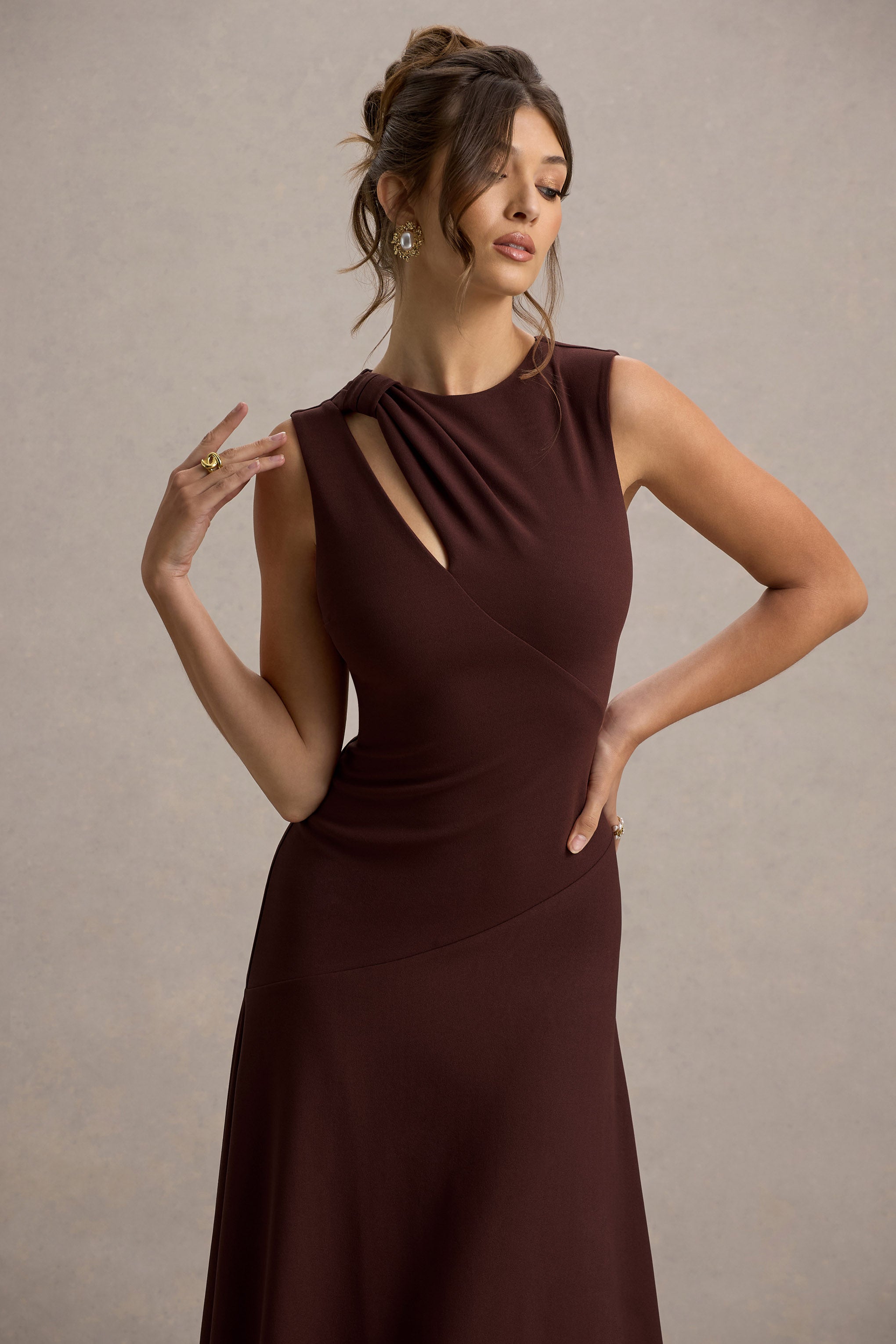 Francesca | Brown Knotted Midi Dress With Handkerchief Hem-Sowoom