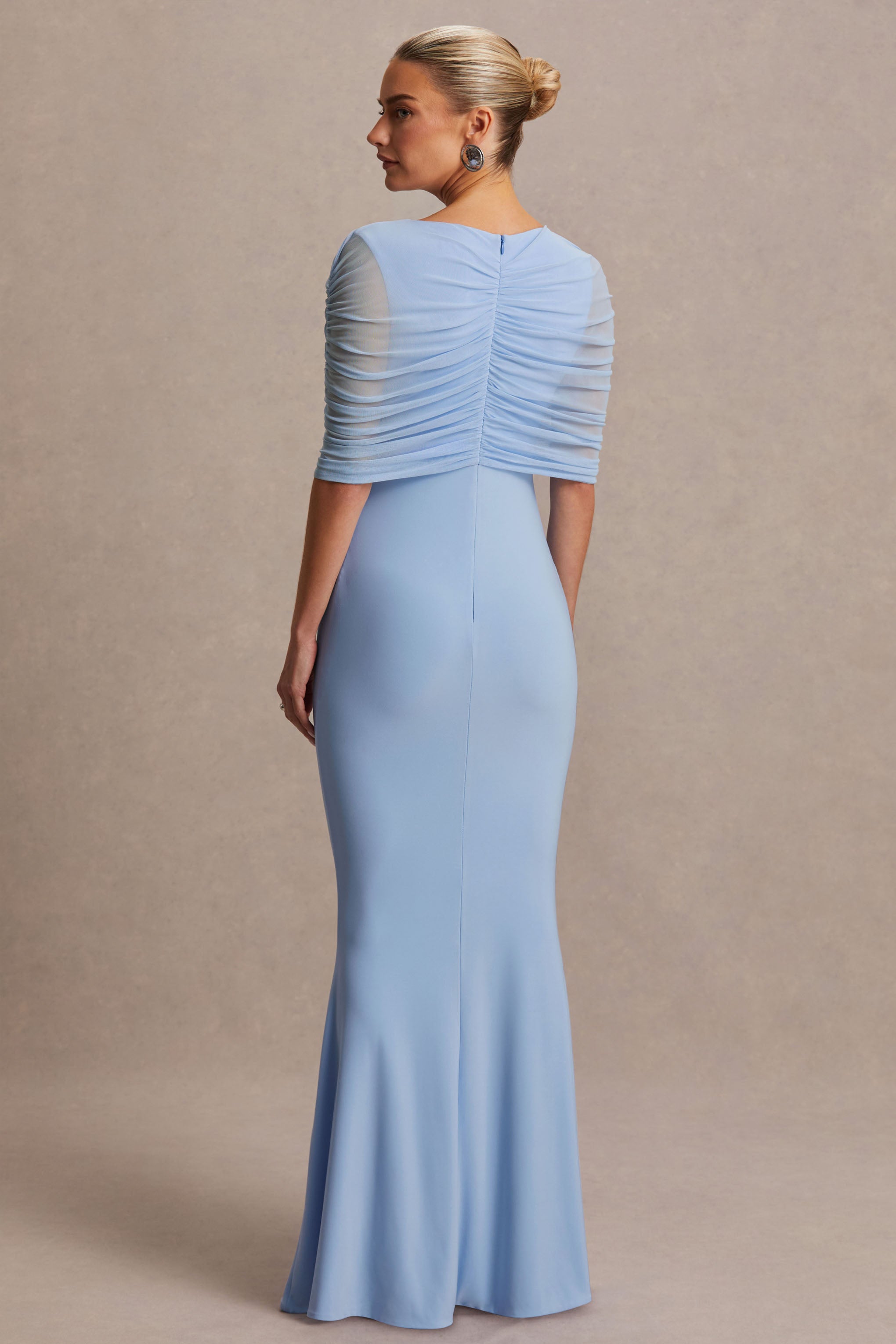 Zaria | Powder Blue Crew-Neck Maternity Maxi Dress With Cape-Overlay-Sowoom
