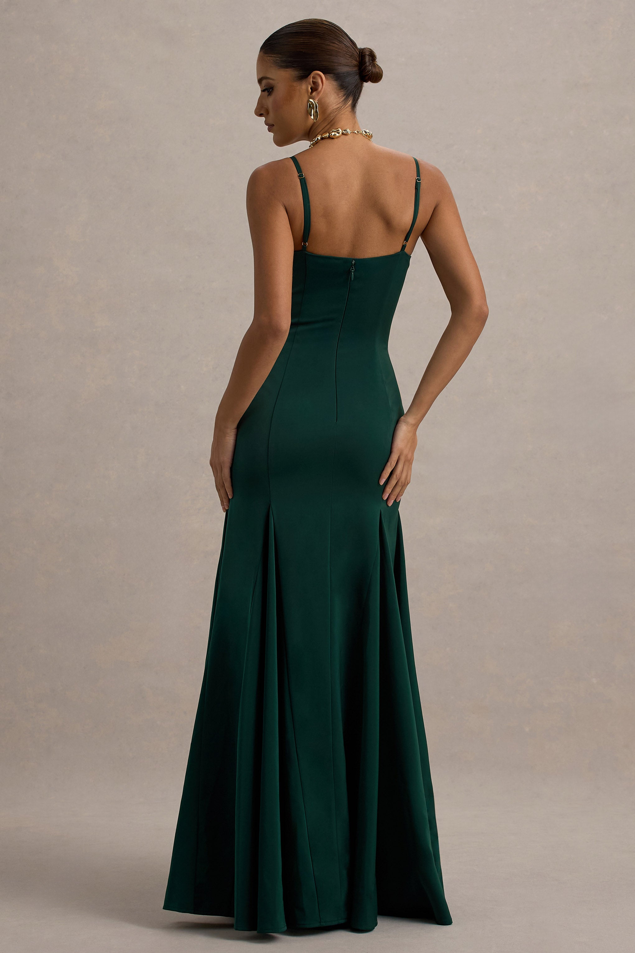 Ashly | Bottle Green Satin Maxi Dress With Volume Hem-Sowoom