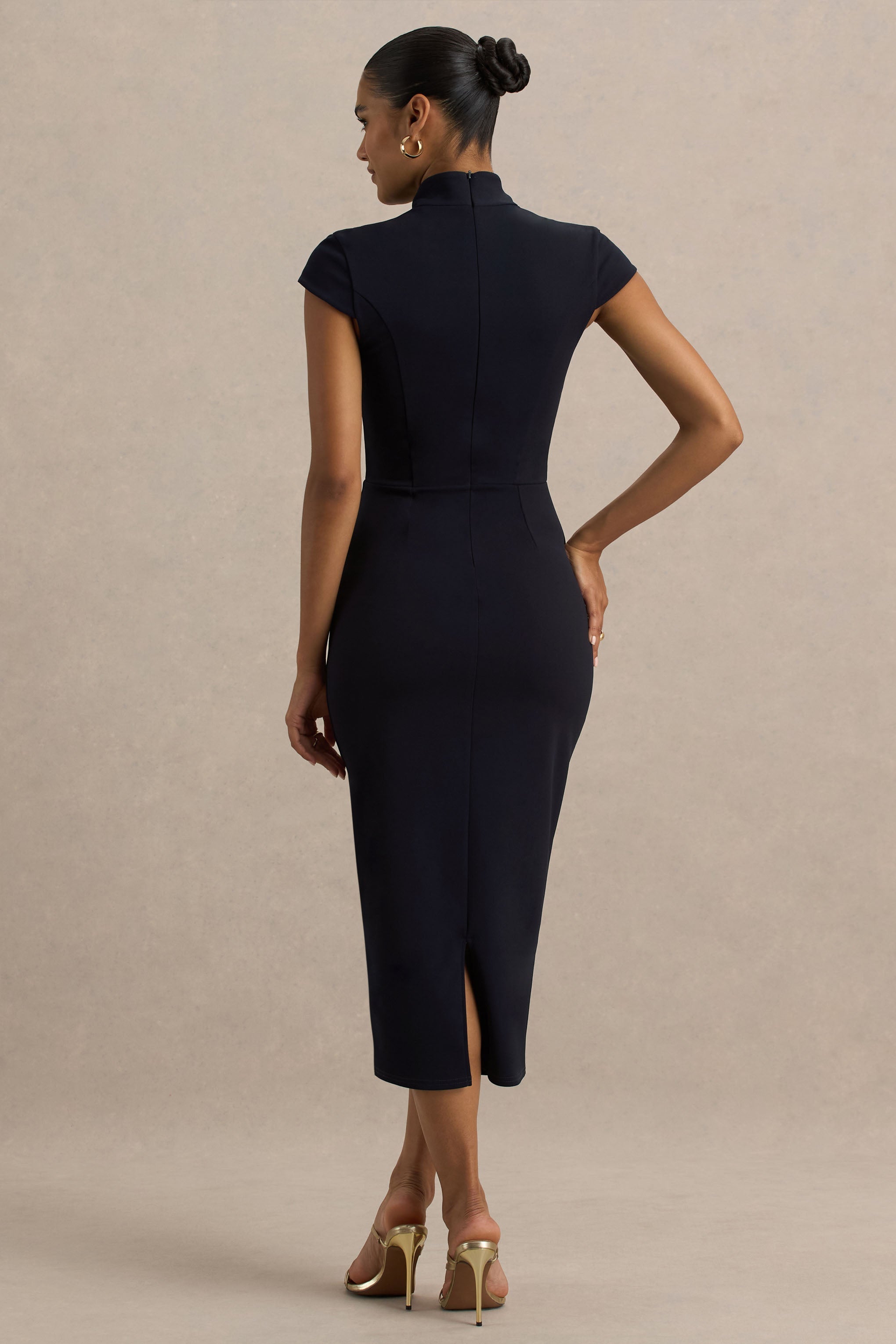Elsie | Navy Cut-Out Neck Midi Dress With Short Sleeves-Sowoom