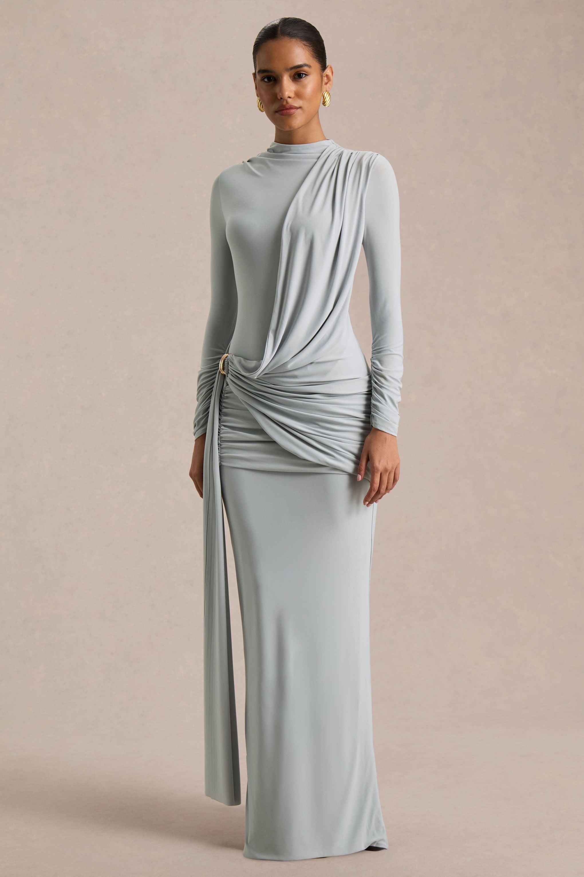 Melissa | Blue Long-Sleeve Wrap Maxi Dress With Draped Detailing-Sowoom