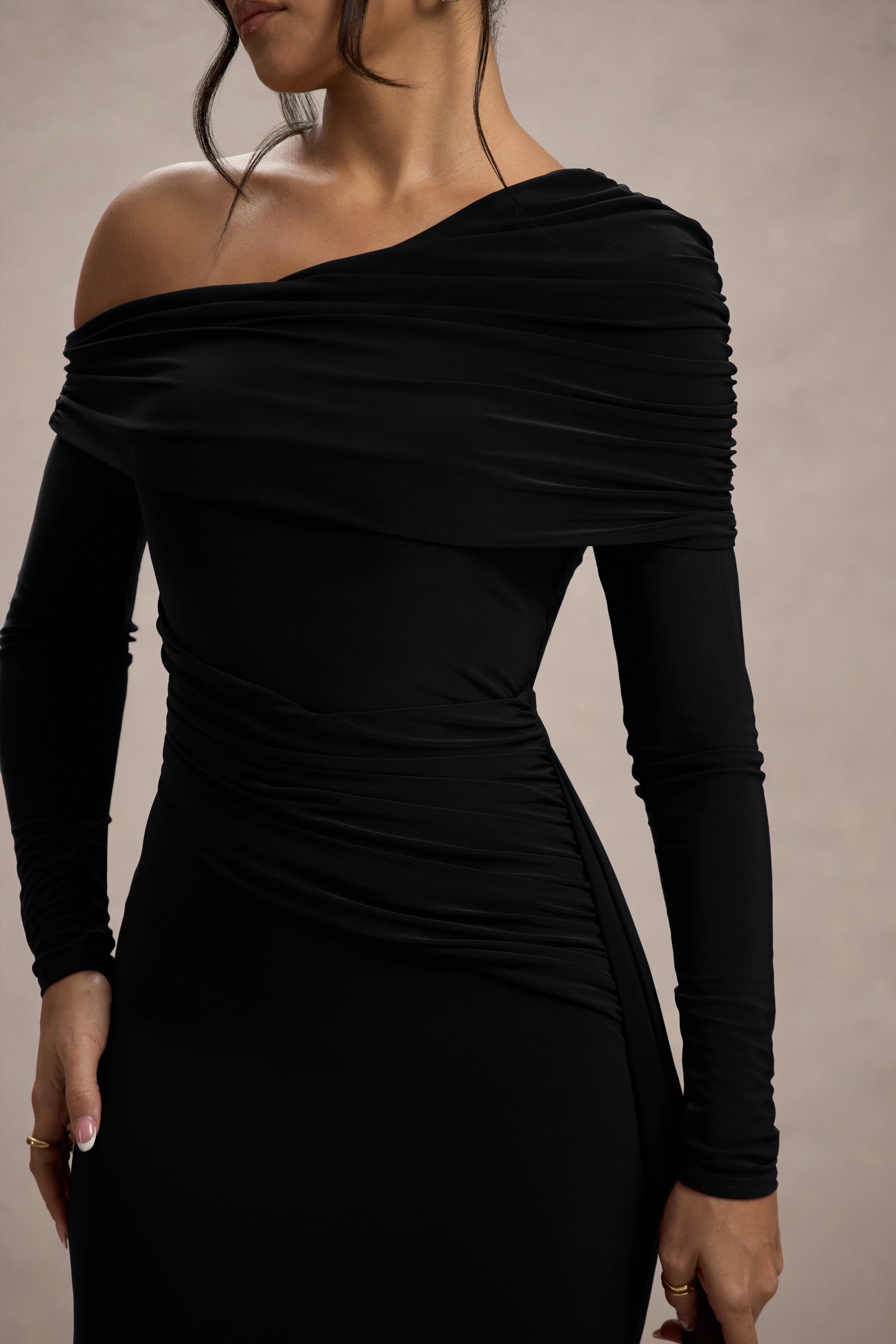 Valina | Black Ruched Asymmetric Maxi Dress With Drape-Sowoom