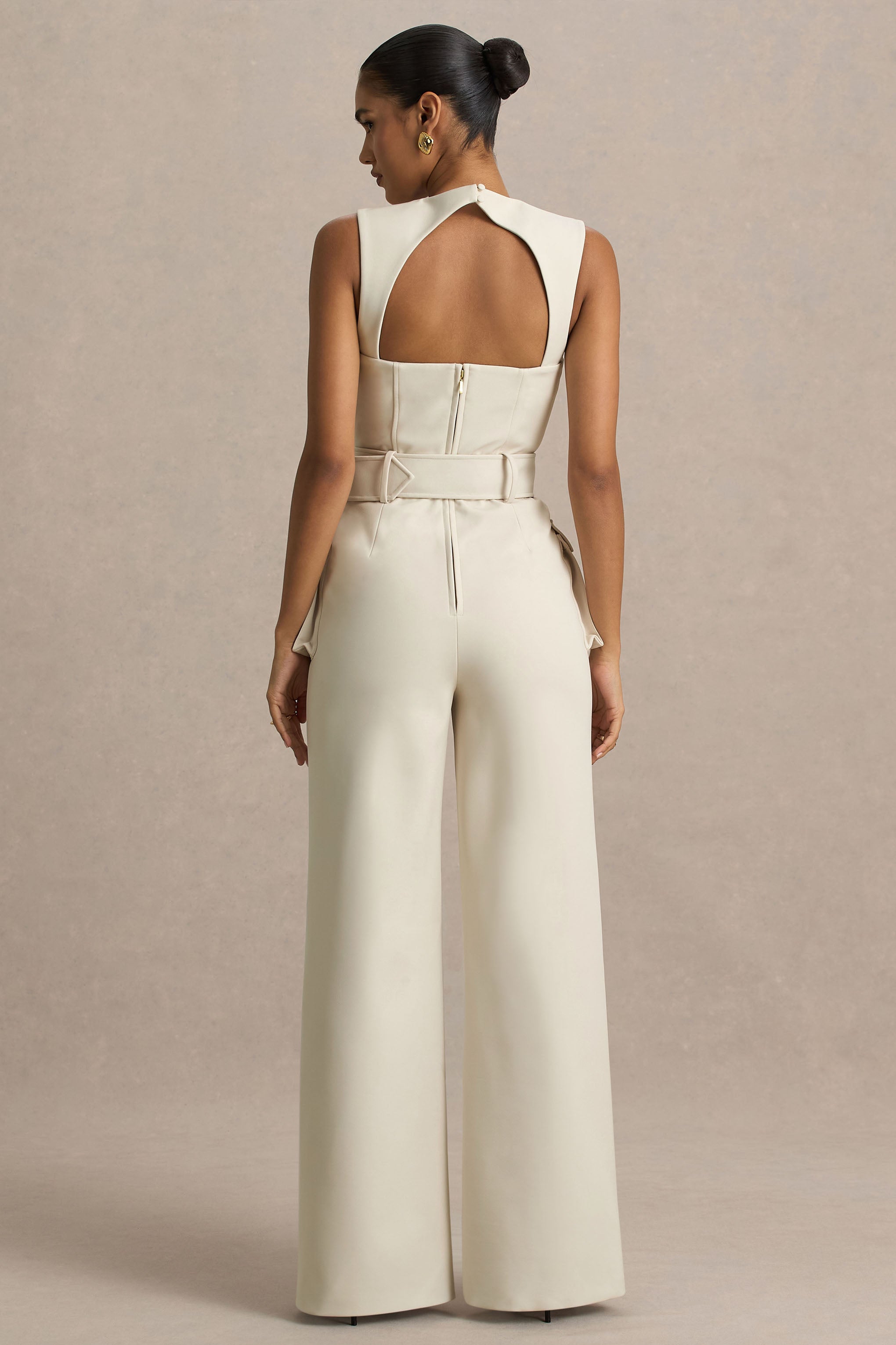 Solice | Cream Square-Neck Tailored Jumpsuit-Sowoom