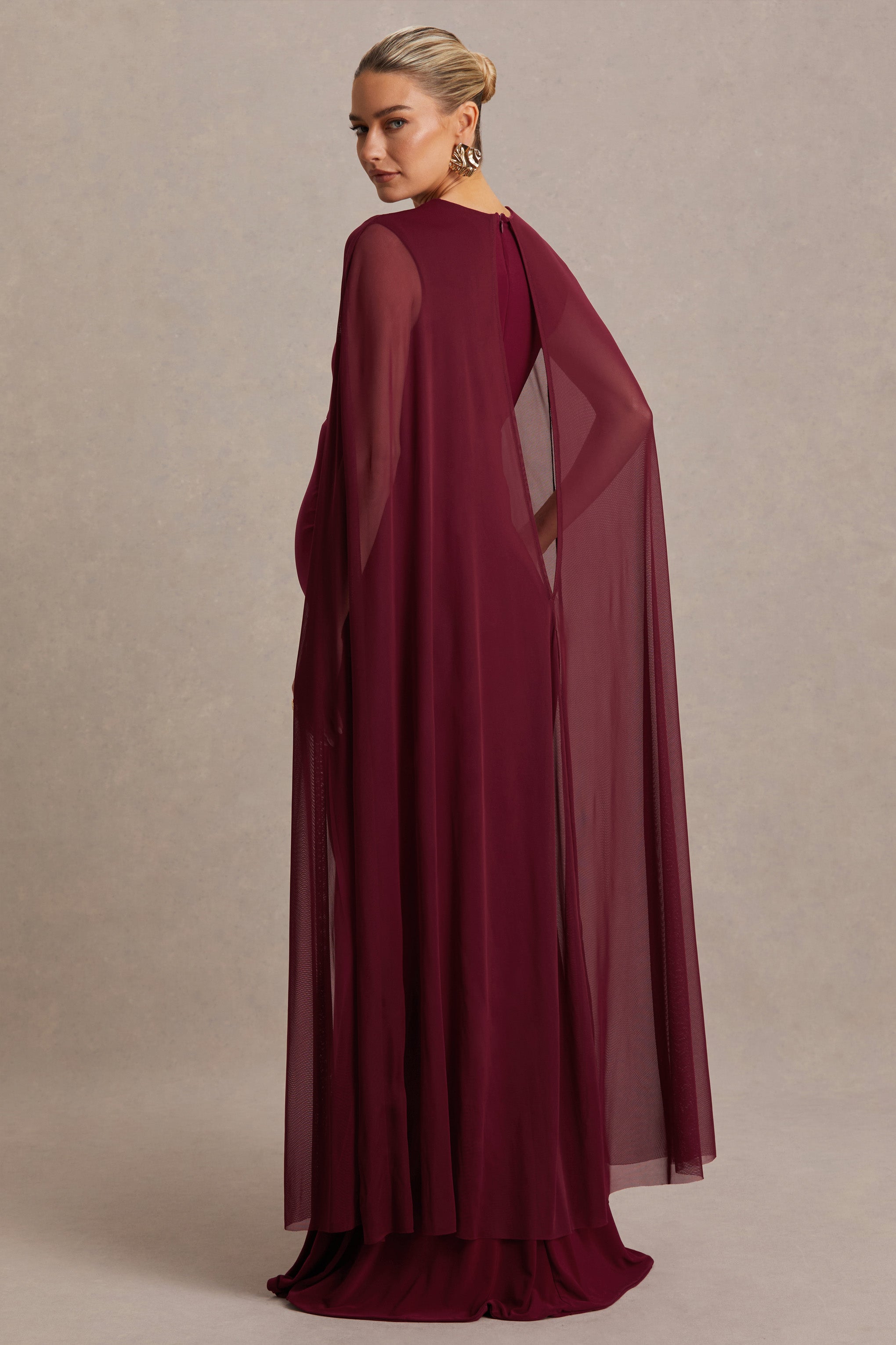 Currant | Berry High-Neck Maternity Maxi Dress With Cape-Sowoom
