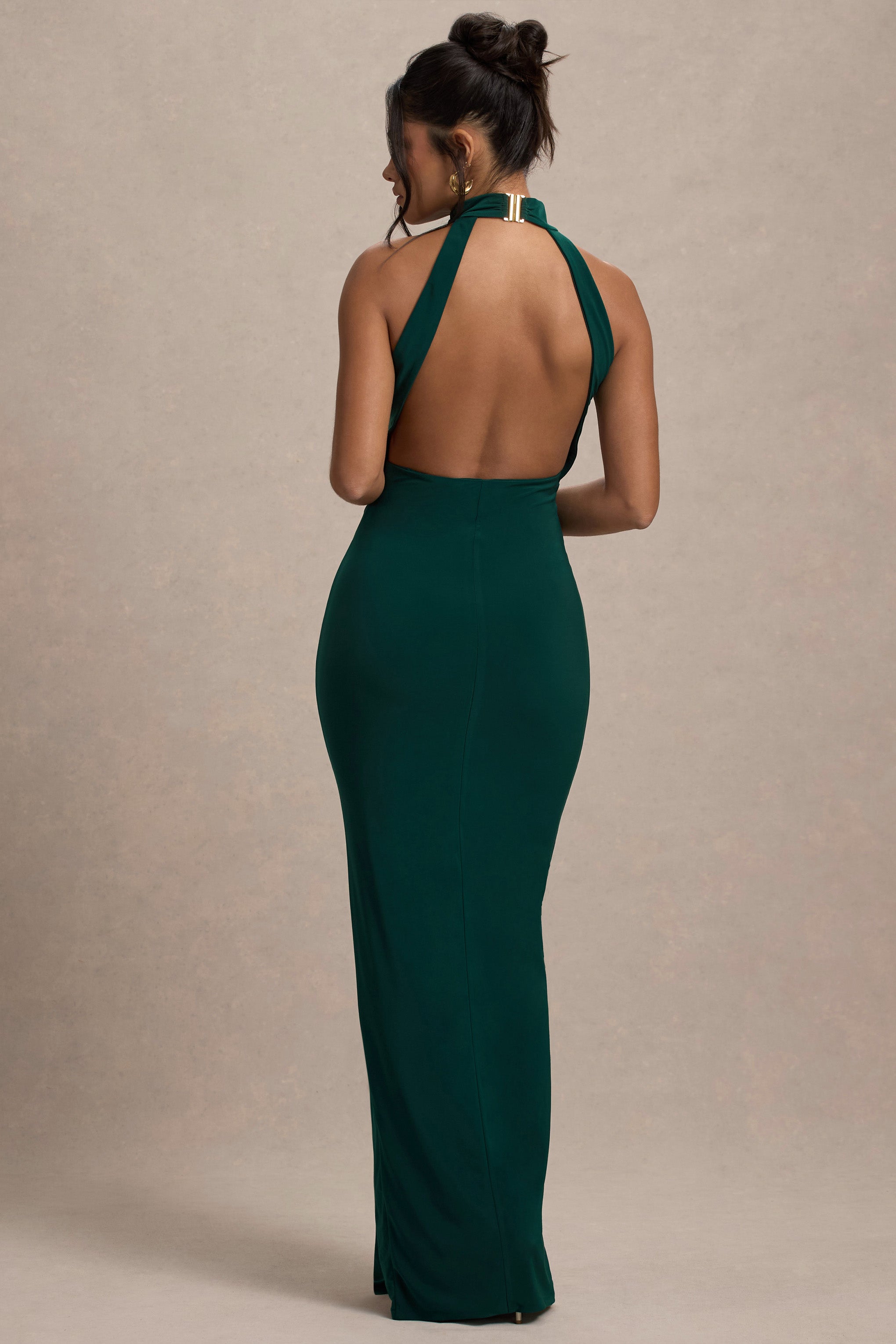 Khari | Bottle Green High-Neck Twisted Maxi Dress With Drape-Sowoom