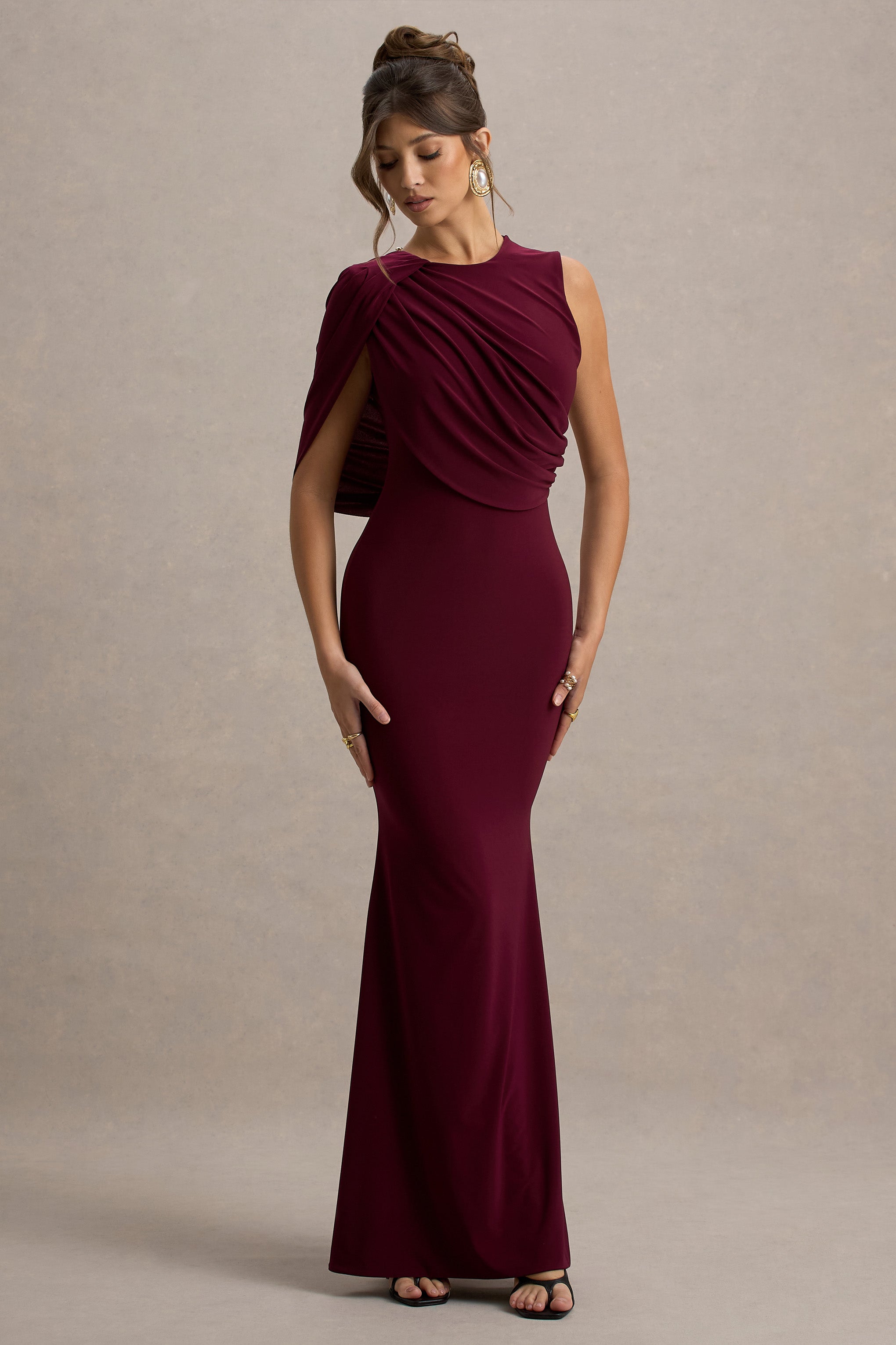 Rae | Burgundy Maxi Dress With One-Sleeve Cape-Sowoom