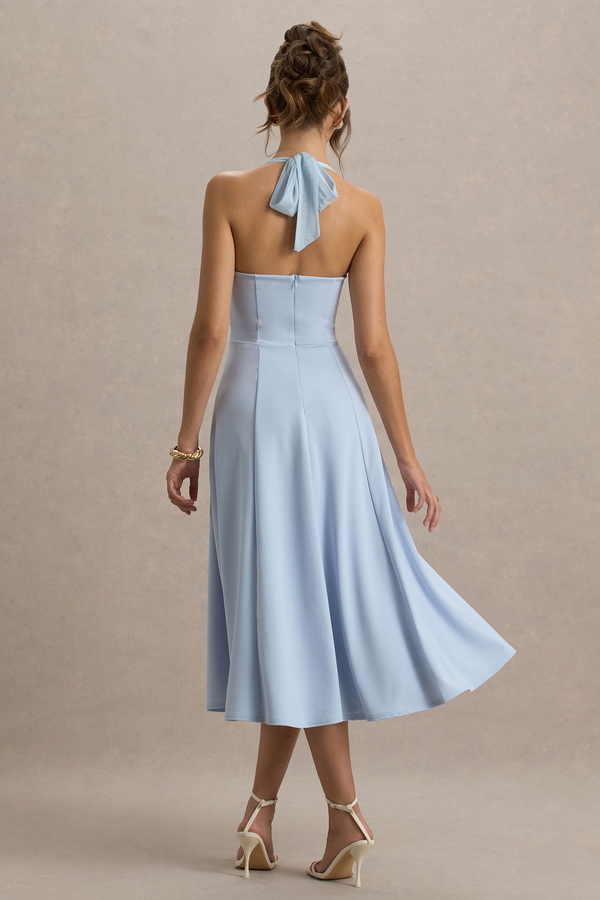 Auburn | Powder Blue Halter-Neck Midi Dress-Sowoom