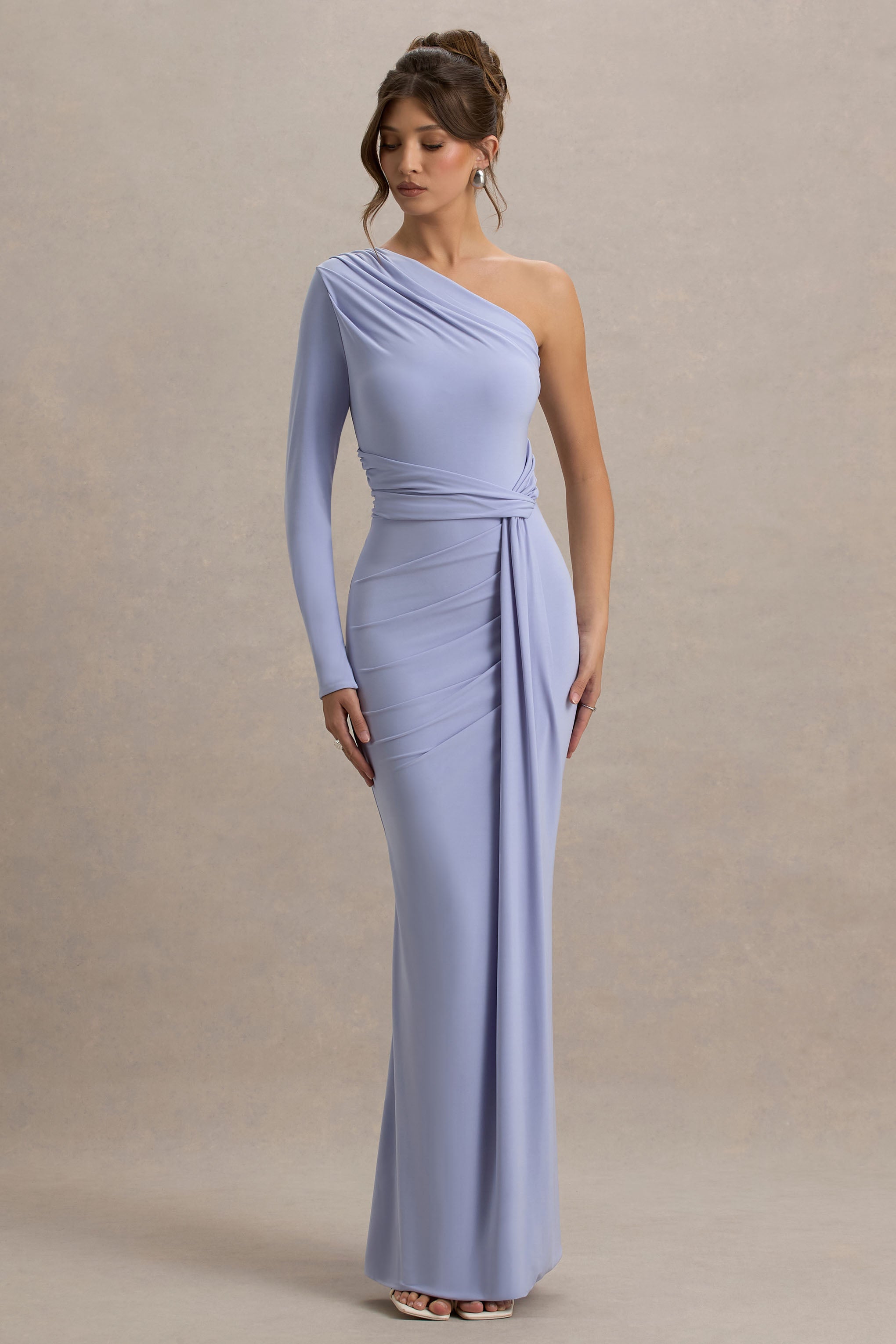 Sanya | Pale Blue Asymmetric One Sleeve Wrap Maxi Dress with Drape-Sowoom