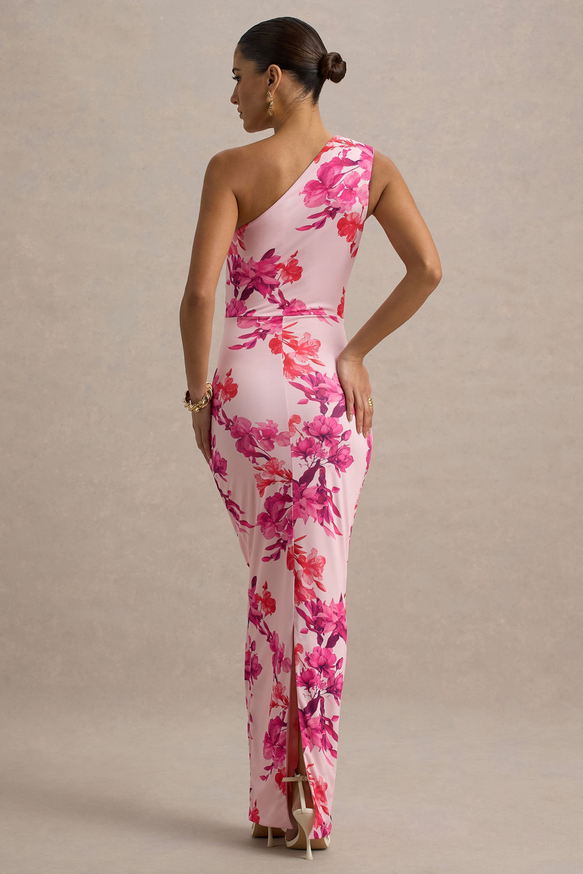 Dalarie | Pink and Orange Floral Print One-Shoulder Gathered Maxi Dress-Sowoom