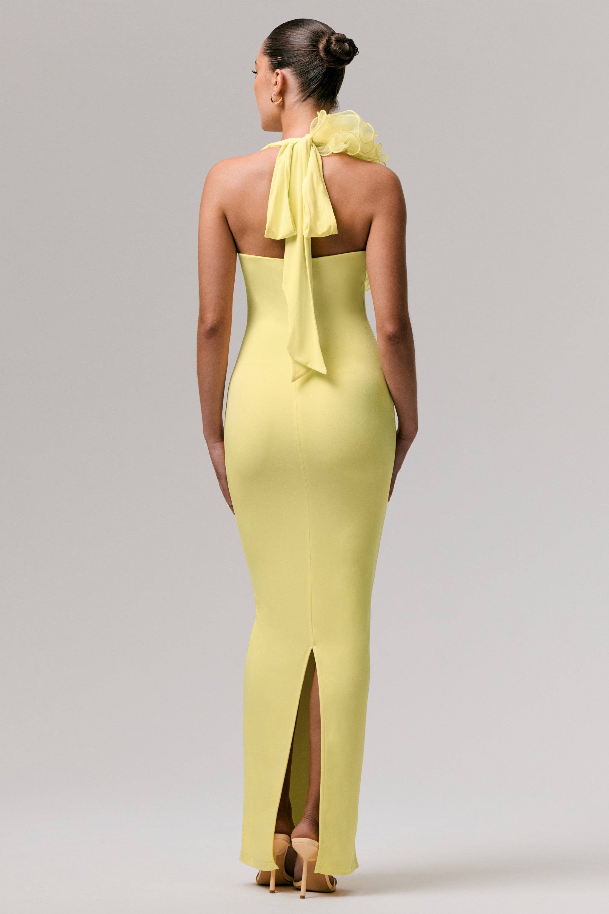 Harriet | Lemon Plunge-Neck Maxi Dress With Floral Detail-Sowoom