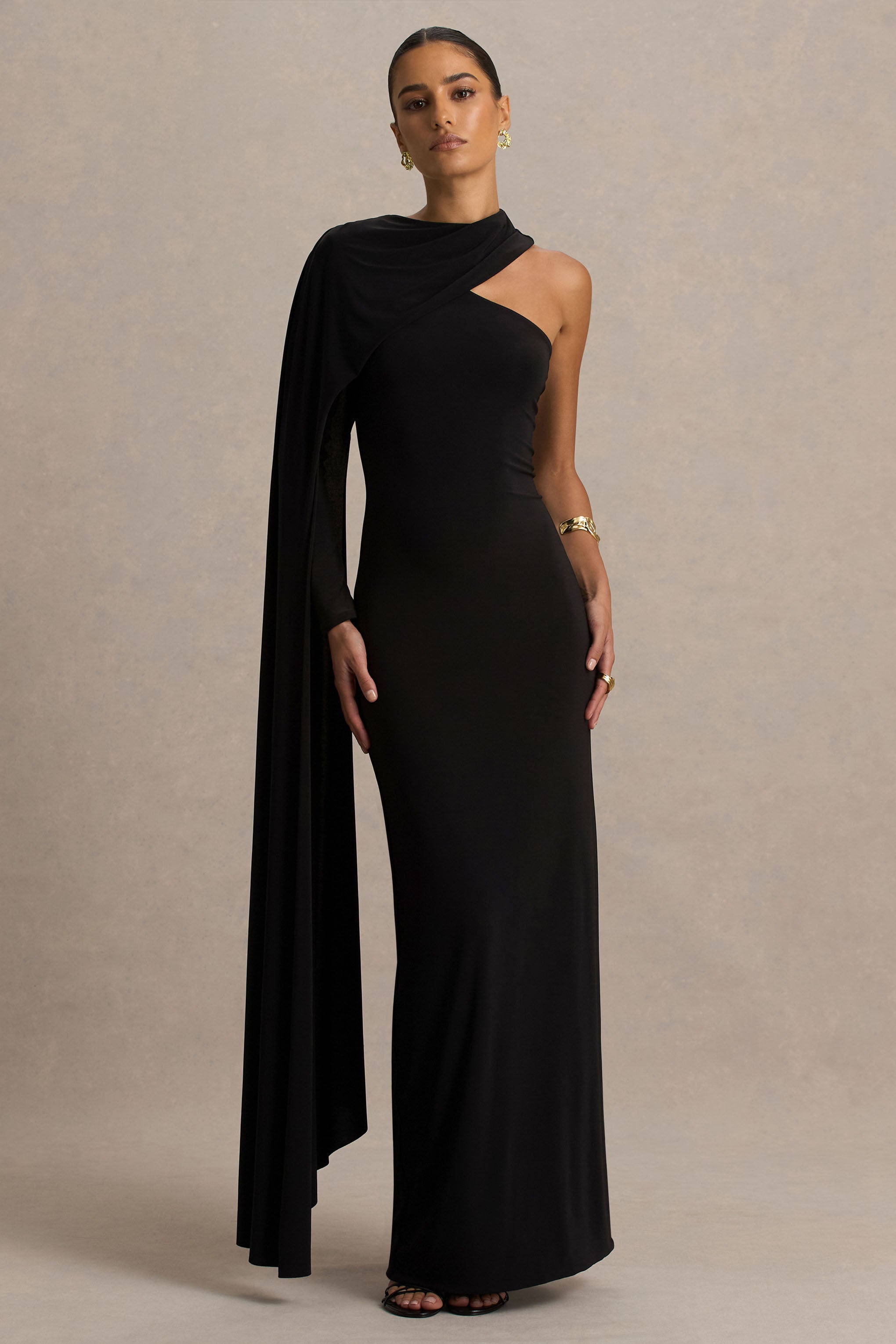 Dawn | Black High-Neck Maxi Dress With One Long Cape-Sleeve-Sowoom