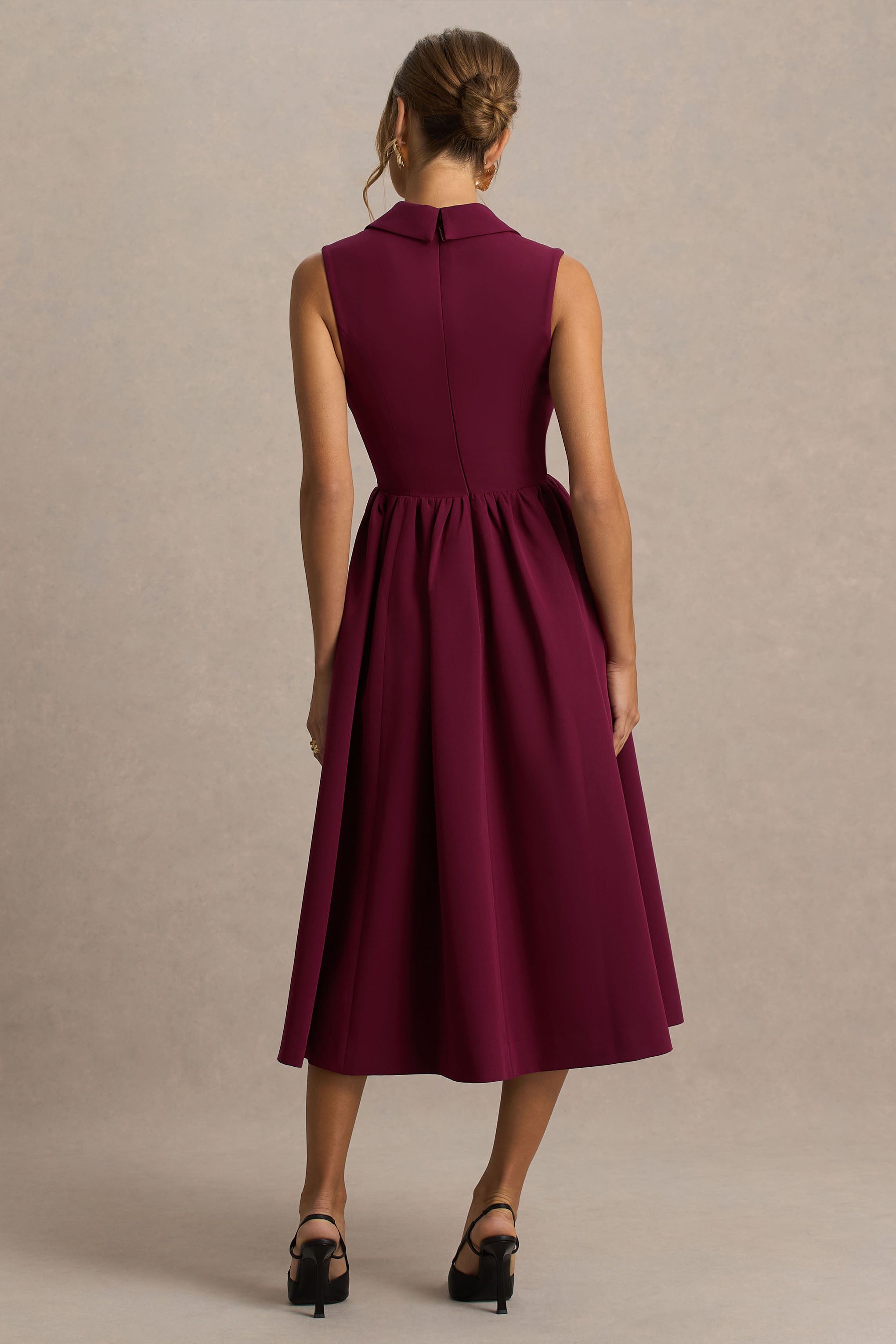 Lisa | Burgundy Plunge-Neck Tailored Midi Dress With Button-Detailing-Sowoom