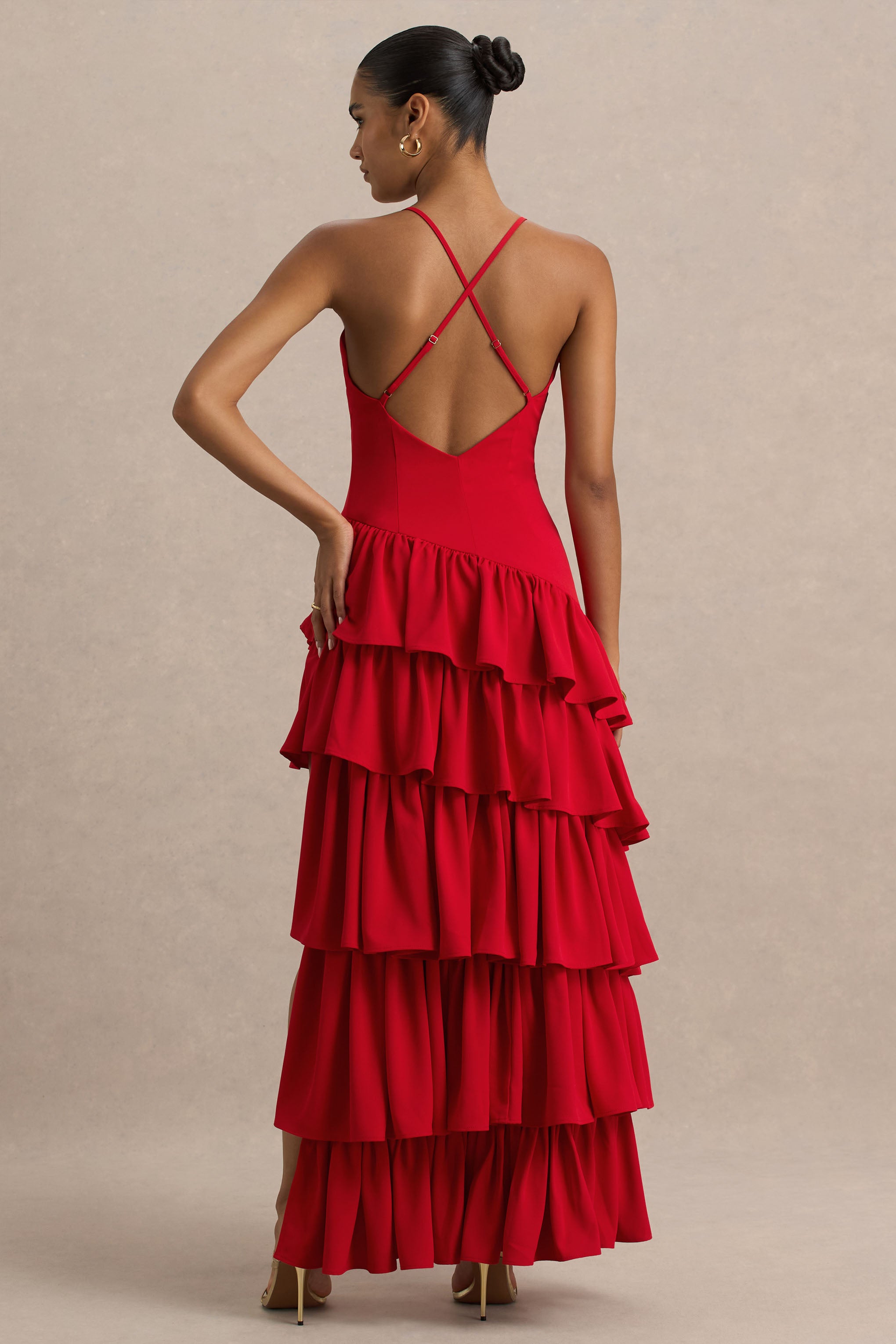 Bogota | Red Plunge-Neck Maxi Dress With Ruffling Details And Front High Split-Sowoom