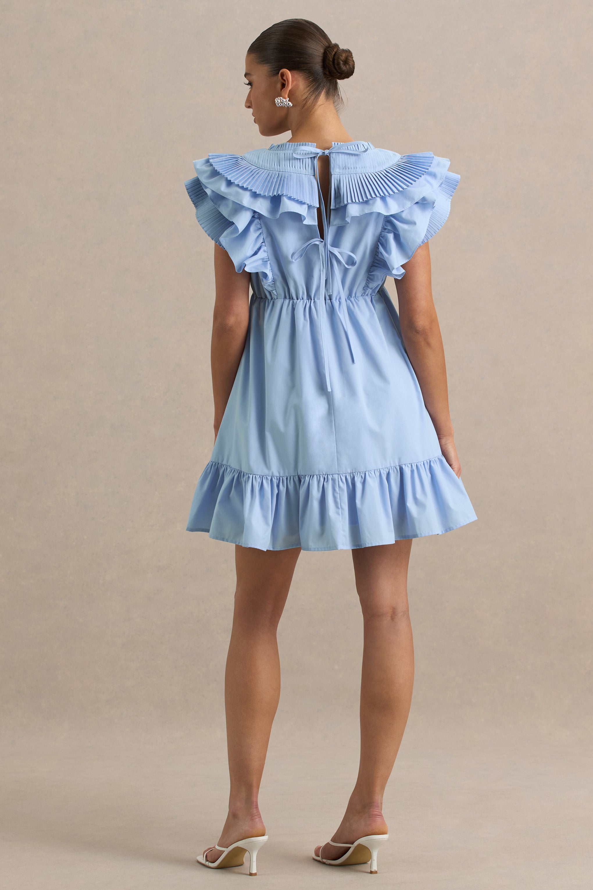 Judie | Blue Poplin V-Neck Ruffled Mini Dress-Sowoom