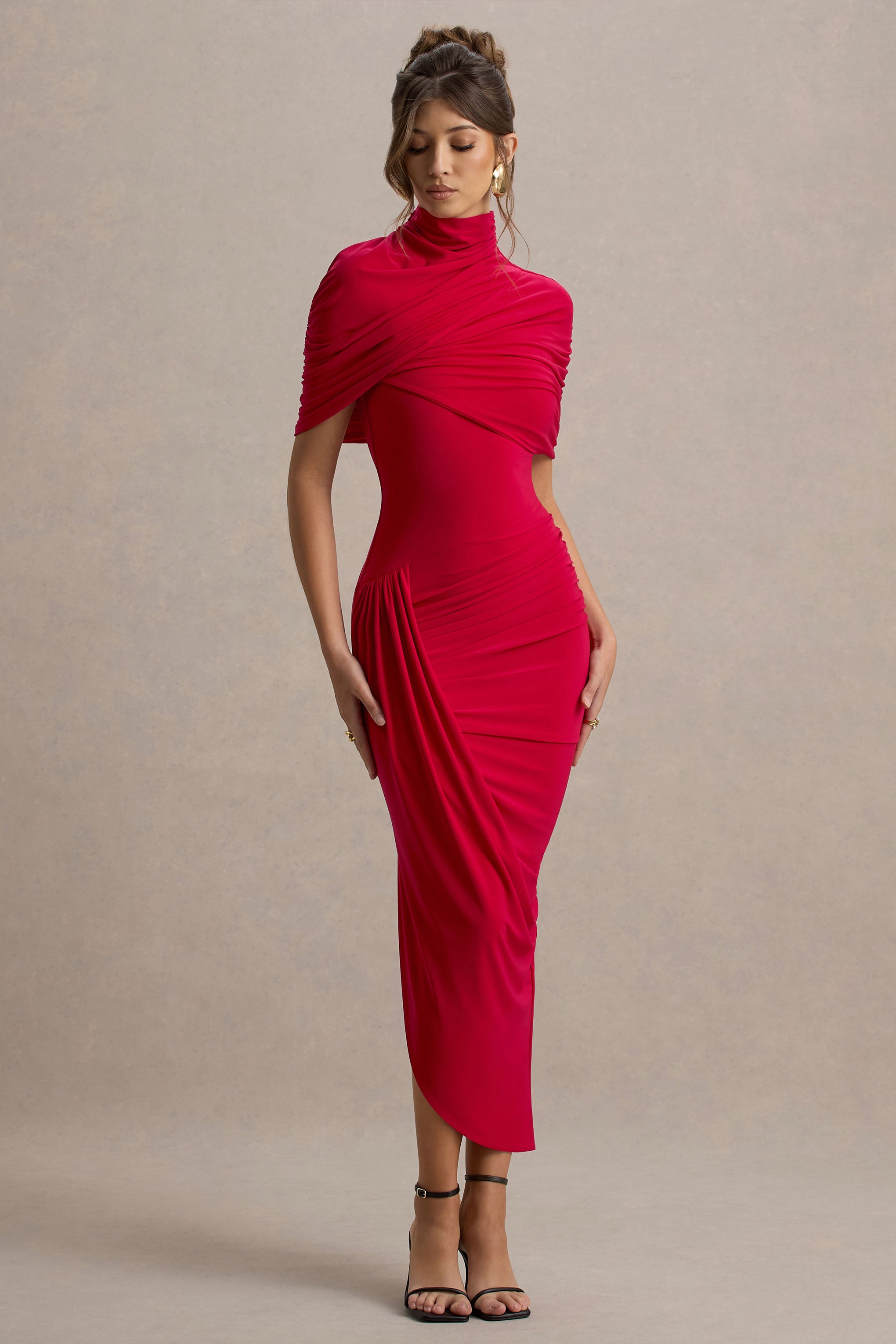 Enchant | Red Asymmetric Twisted Cape Midi Dress-Sowoom